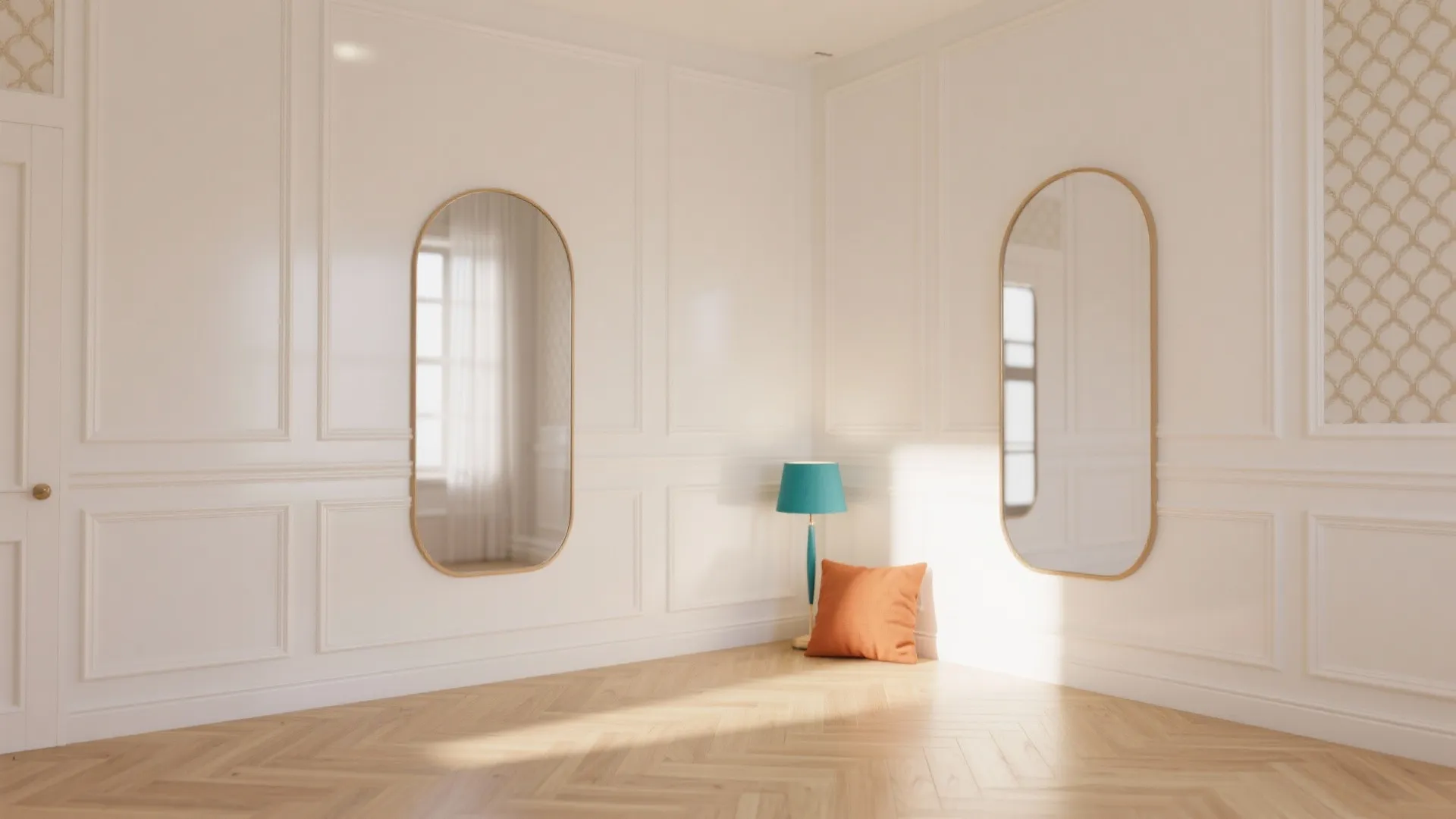 Empty white room with wall panels two oval mirrors blue floor lamp and orange pillow