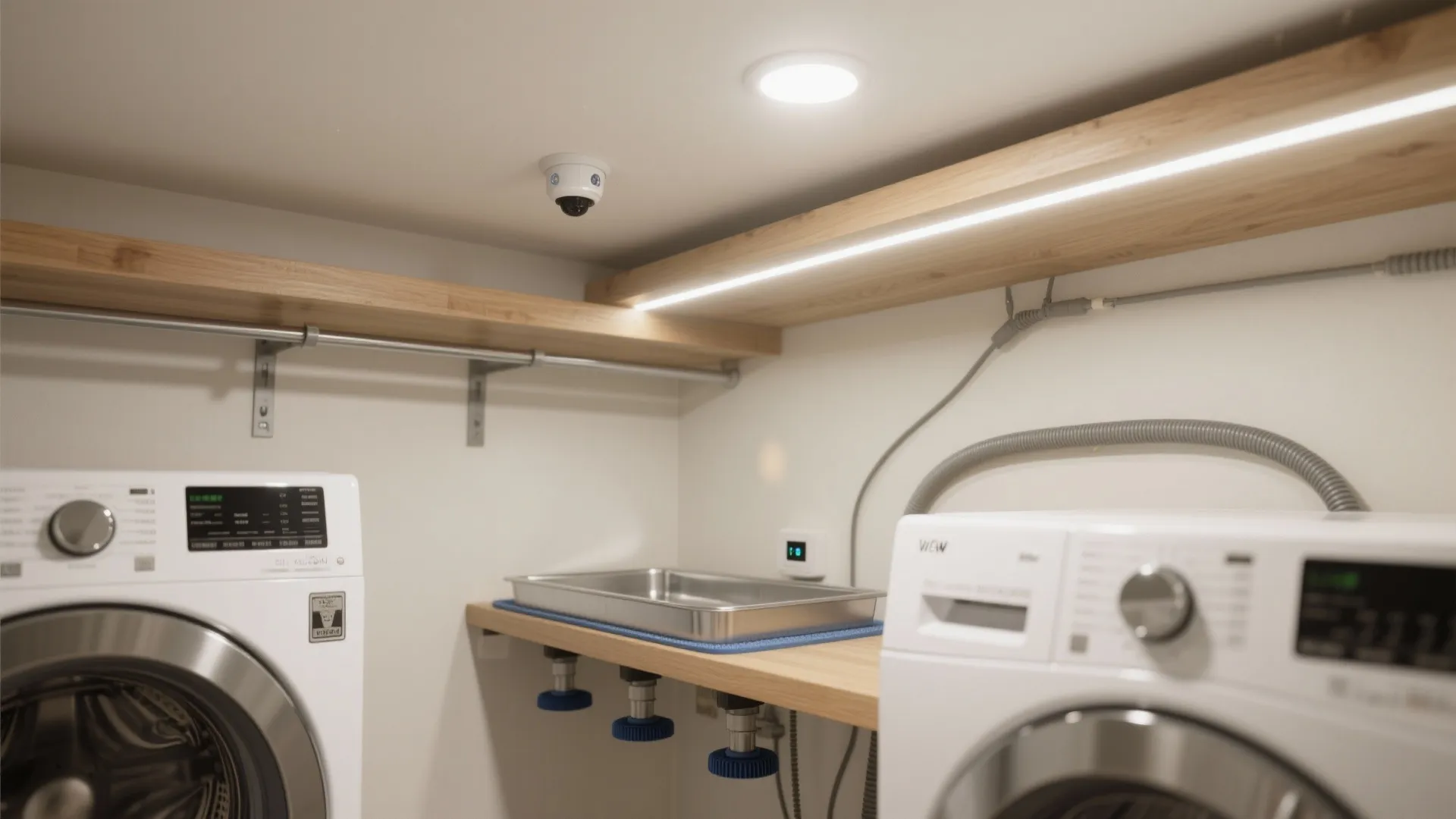 Laundry room view with washing machines wooden shelves with light strips and ceiling security camera