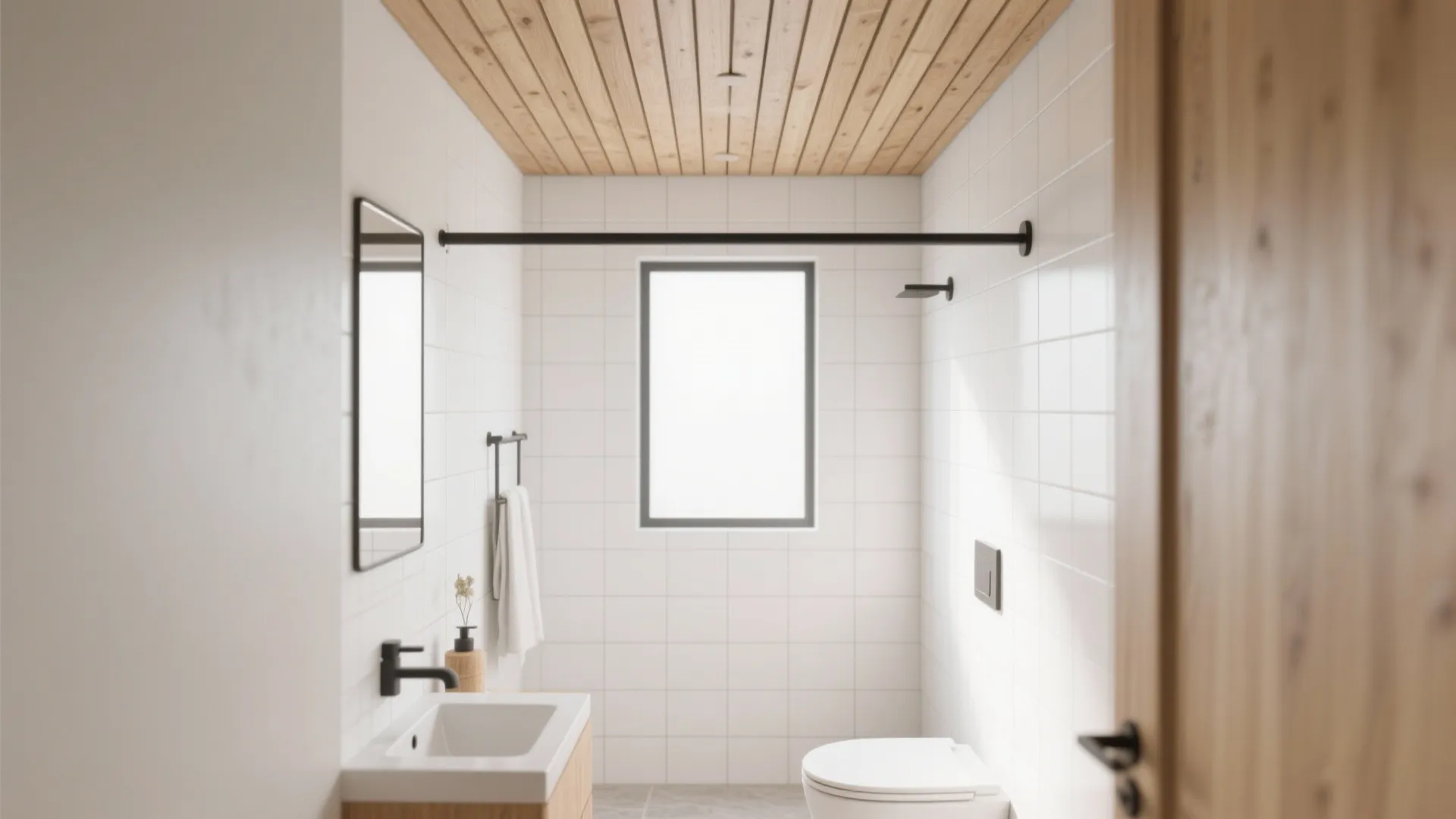 Minimalist white bathroom with light oak wood ceiling small window black hardware and clean tiles