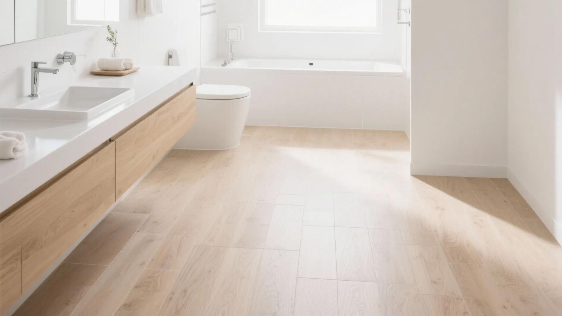 Minimalist white bathroom with light oak floor wood cabinet white bathtub toilet and bright sunlight