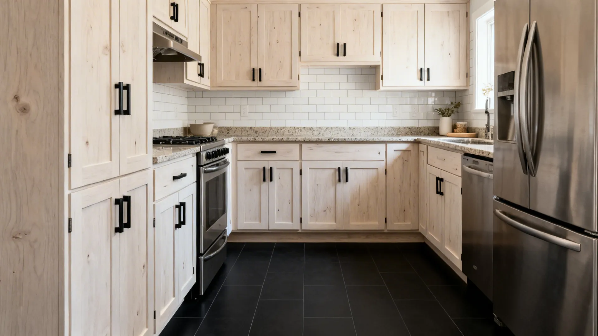 Light oak shaker cabinets paired with a matte black kitchen floor in a compact L-shaped layout.
