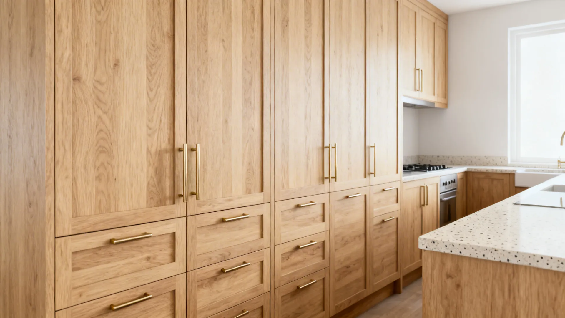 Light rift-oak galley kitchen with satin brass and pale terrazzo under soft daylight.