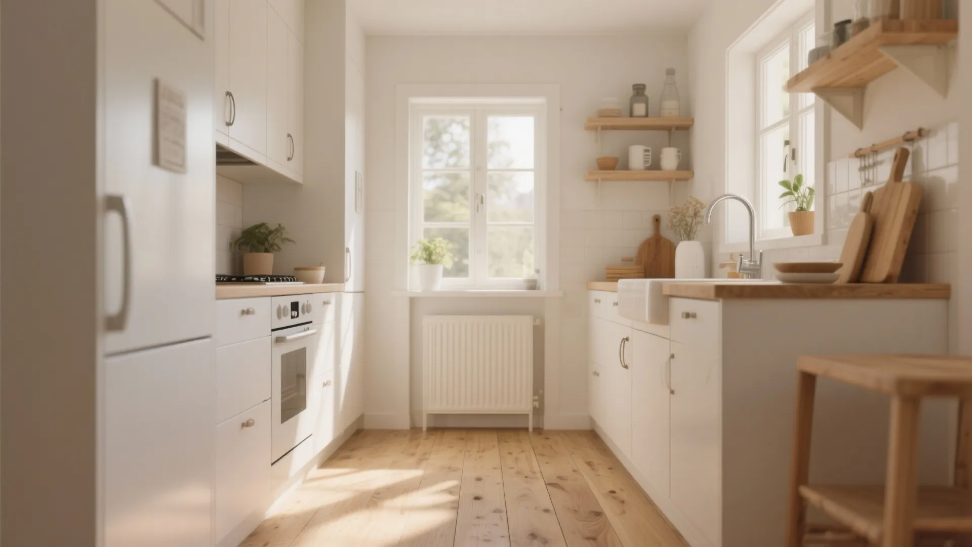 Bright kitchen featuring white cabinets light wood countertops natural wood flooring and a small white radiator