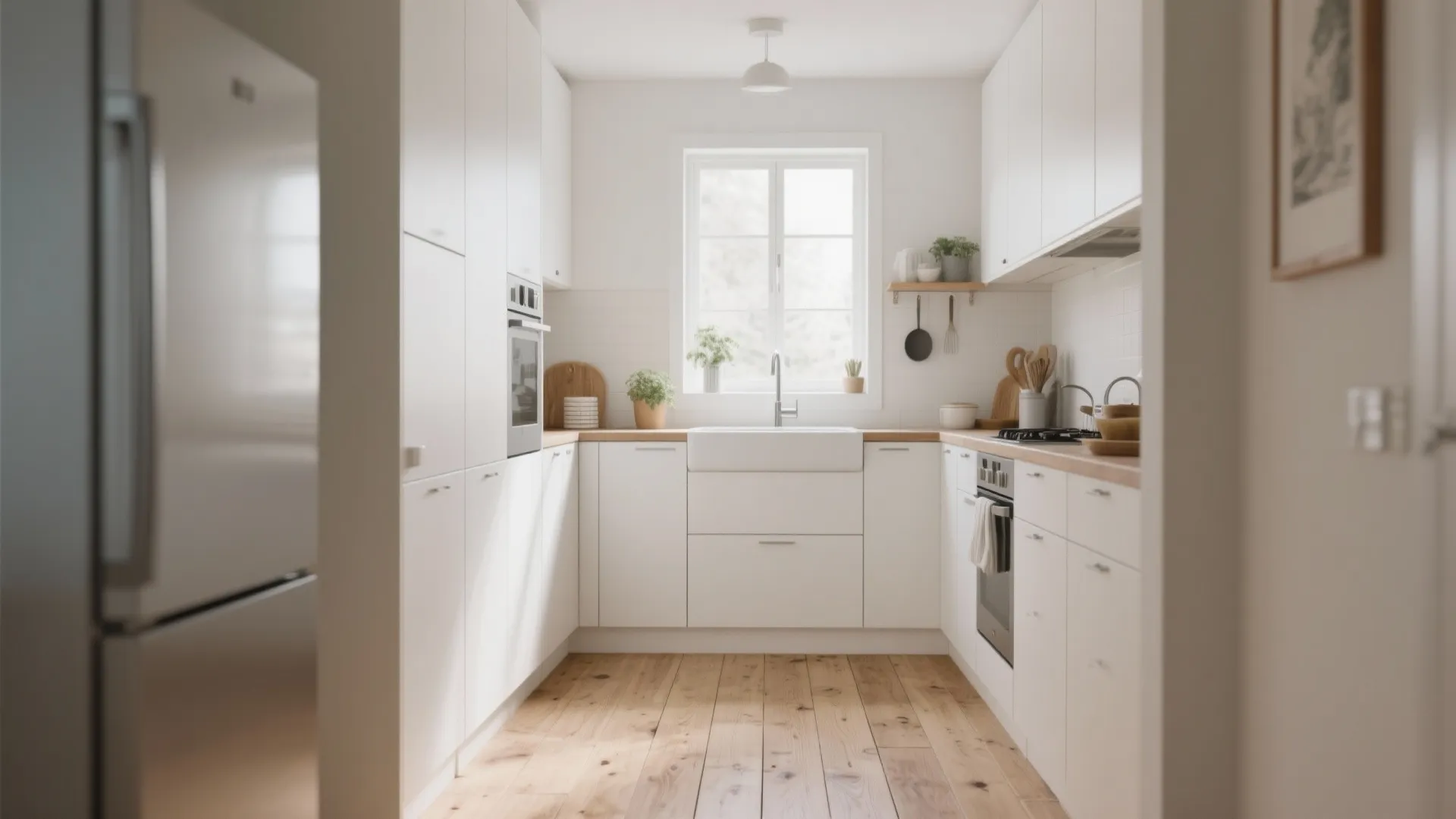 Small white kitchen with wood floor and white cabinets and sink and window and fridge