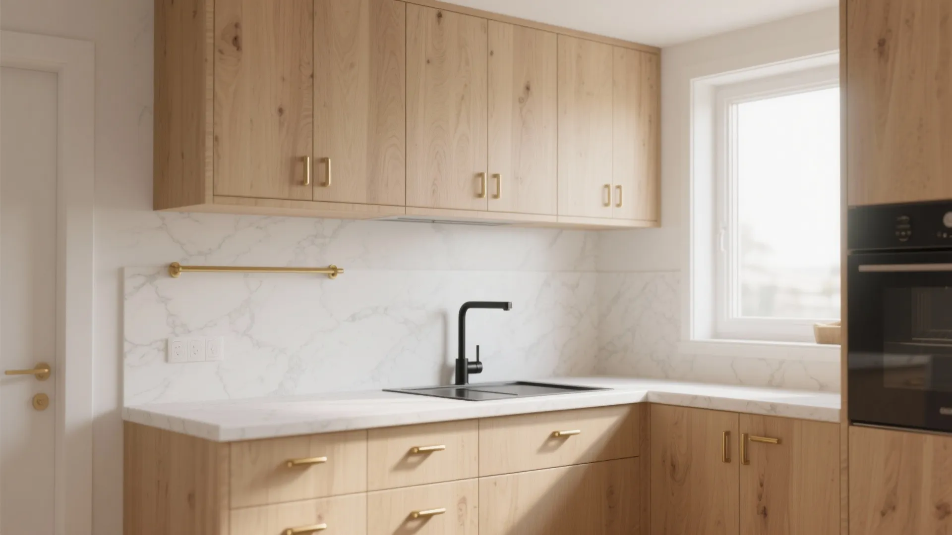 Modern kitchen with light wood cabinets marble countertop black sink and gold hardware interior design