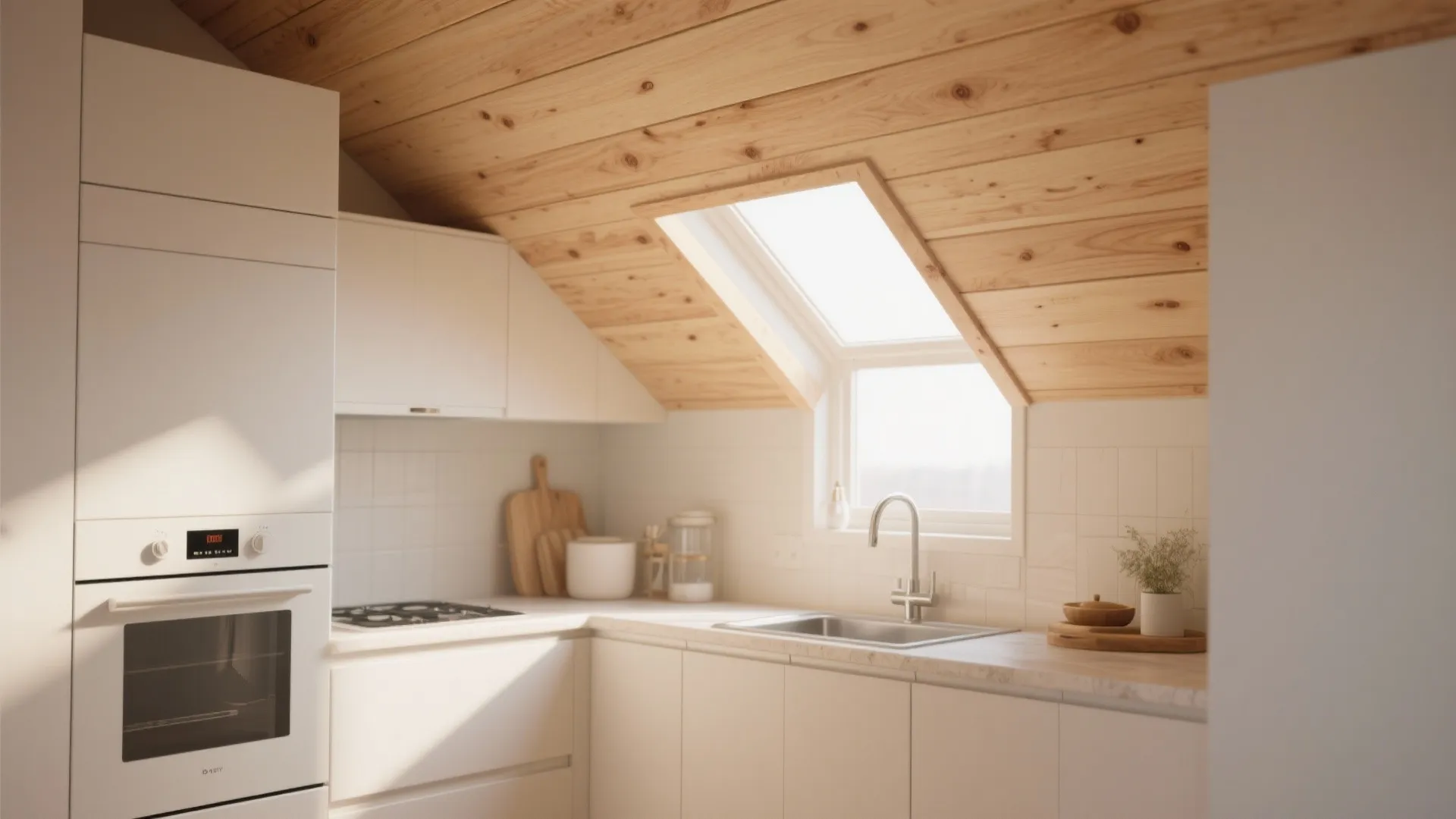Attic kitchen with white cabinets and sink under a light oak wood roof window ceiling