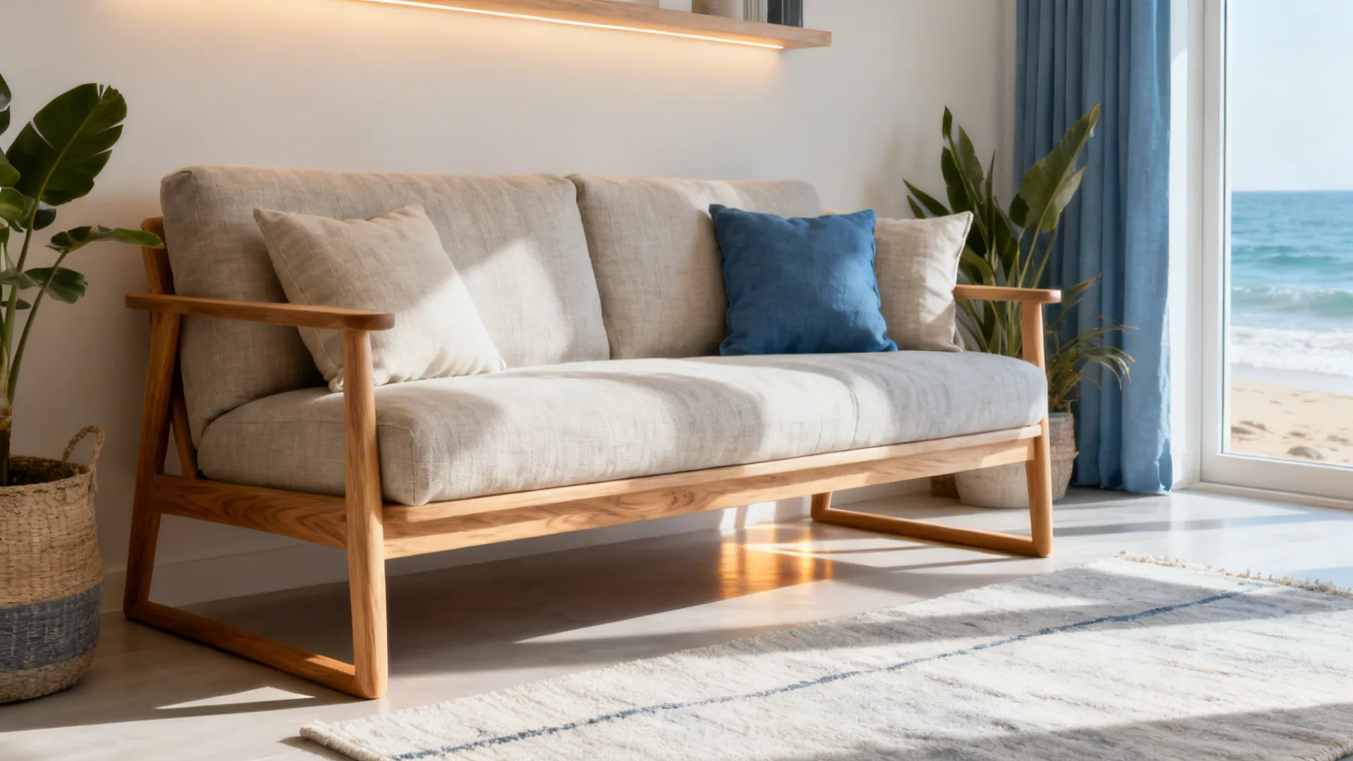 Light-oak frame sofa with neutral linen brightening a small modern coastal living room.