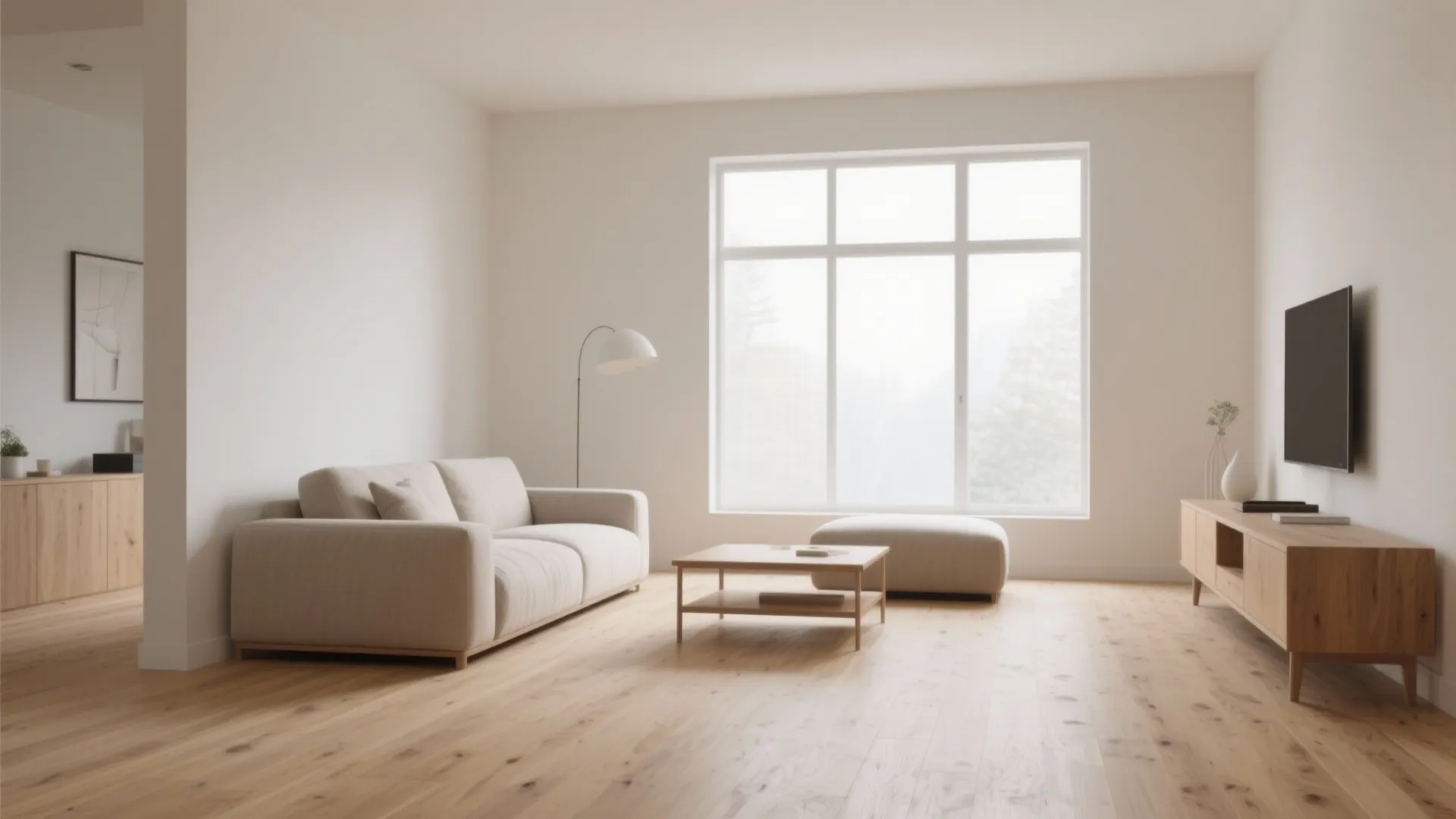 Minimalist living room with white sofa wooden cabinet light oak floor large window and floor lamp