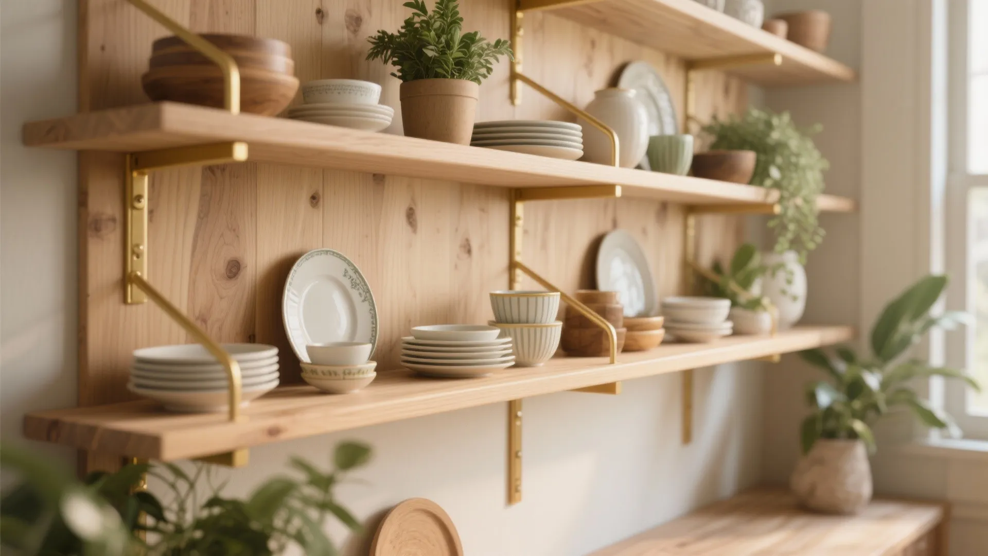 3. Open shelving in light oak + gold brackets