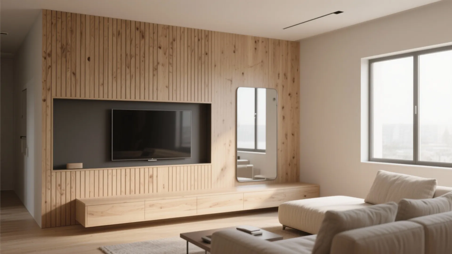 1. Horizontal light-oak slats with a recessed TV niche