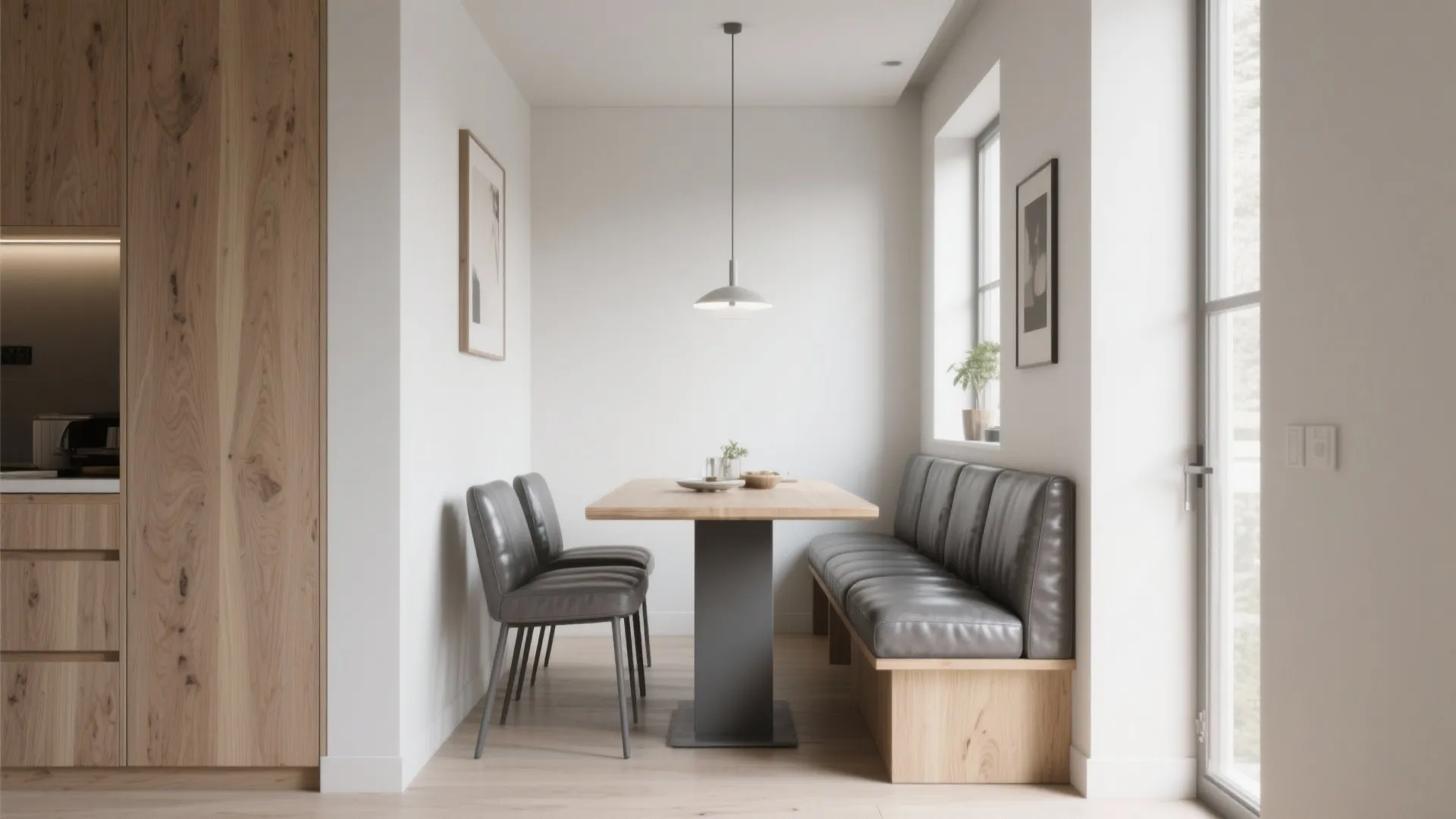 Small dining area with wood table grey bench seating matching chairs and a ceiling light