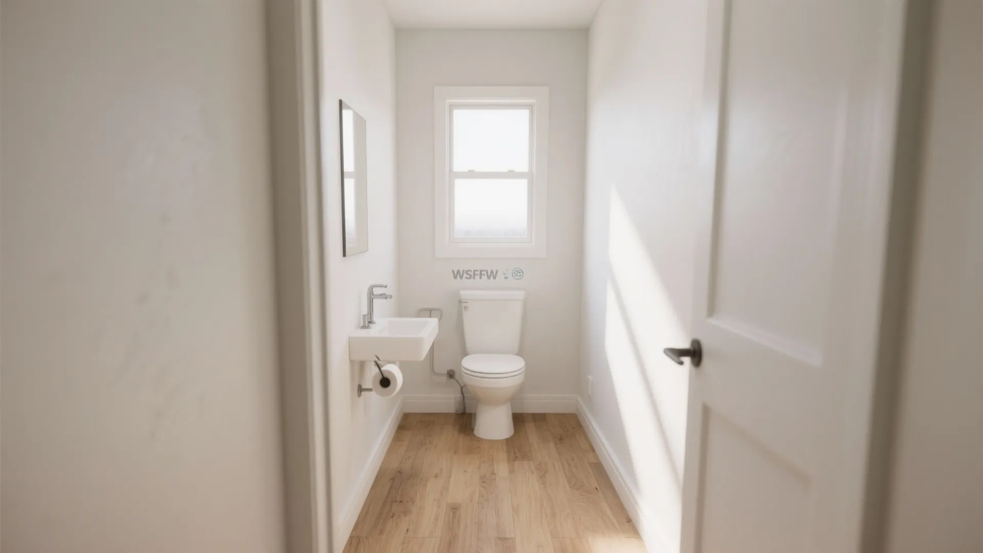 Small white bathroom with a simple toilet, tiny wall sink, wood floor, and one window