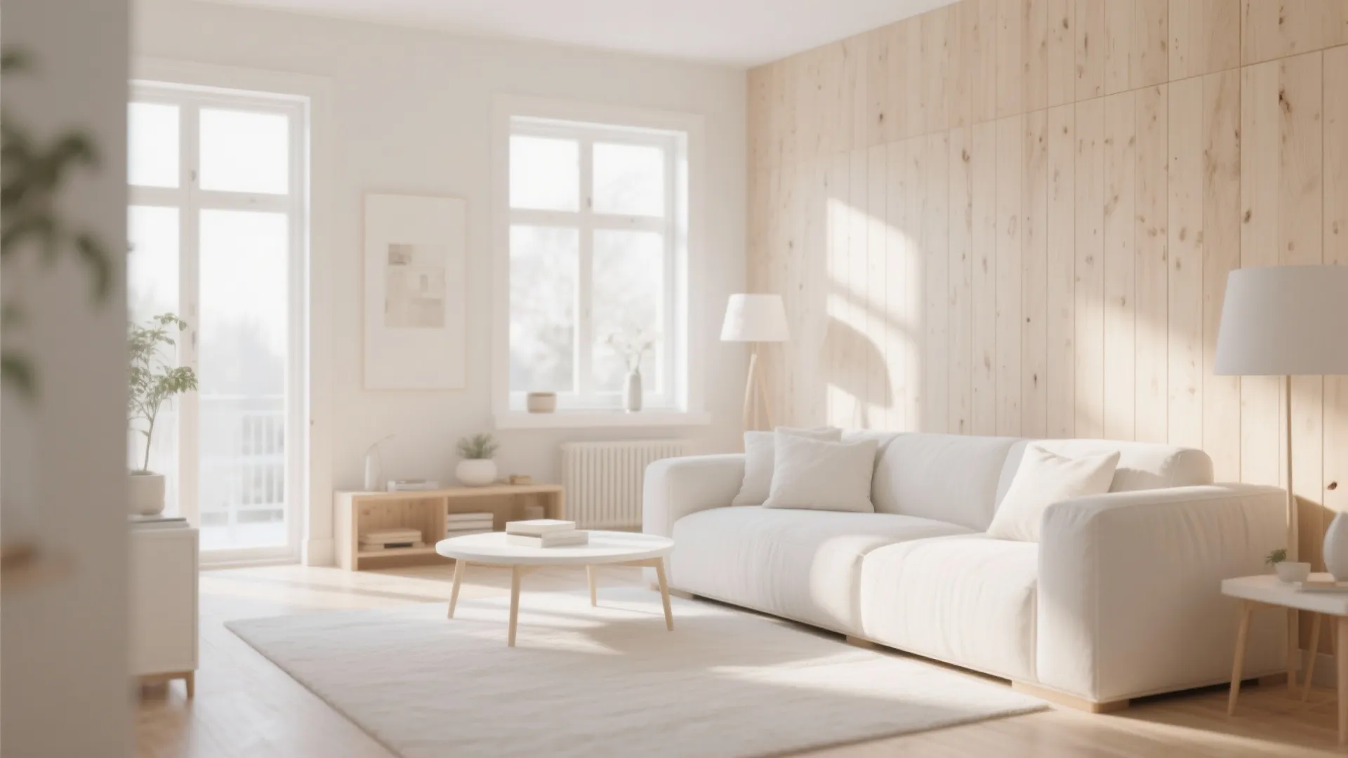 Minimalist living room featuring white sofa light wood wall paneling round coffee table and floor lamps