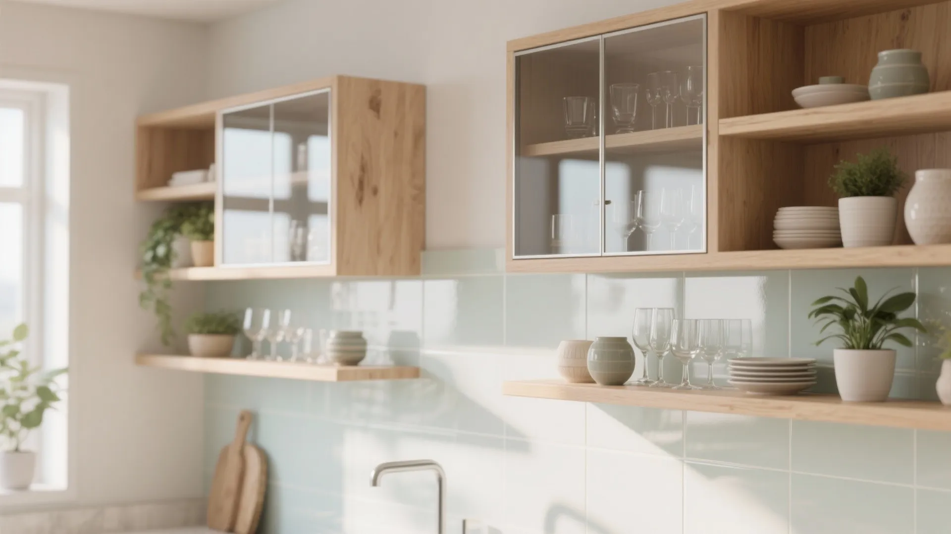 Modern kitchen with light blue wall tiles wooden open shelves glass cabinets and various potted plants