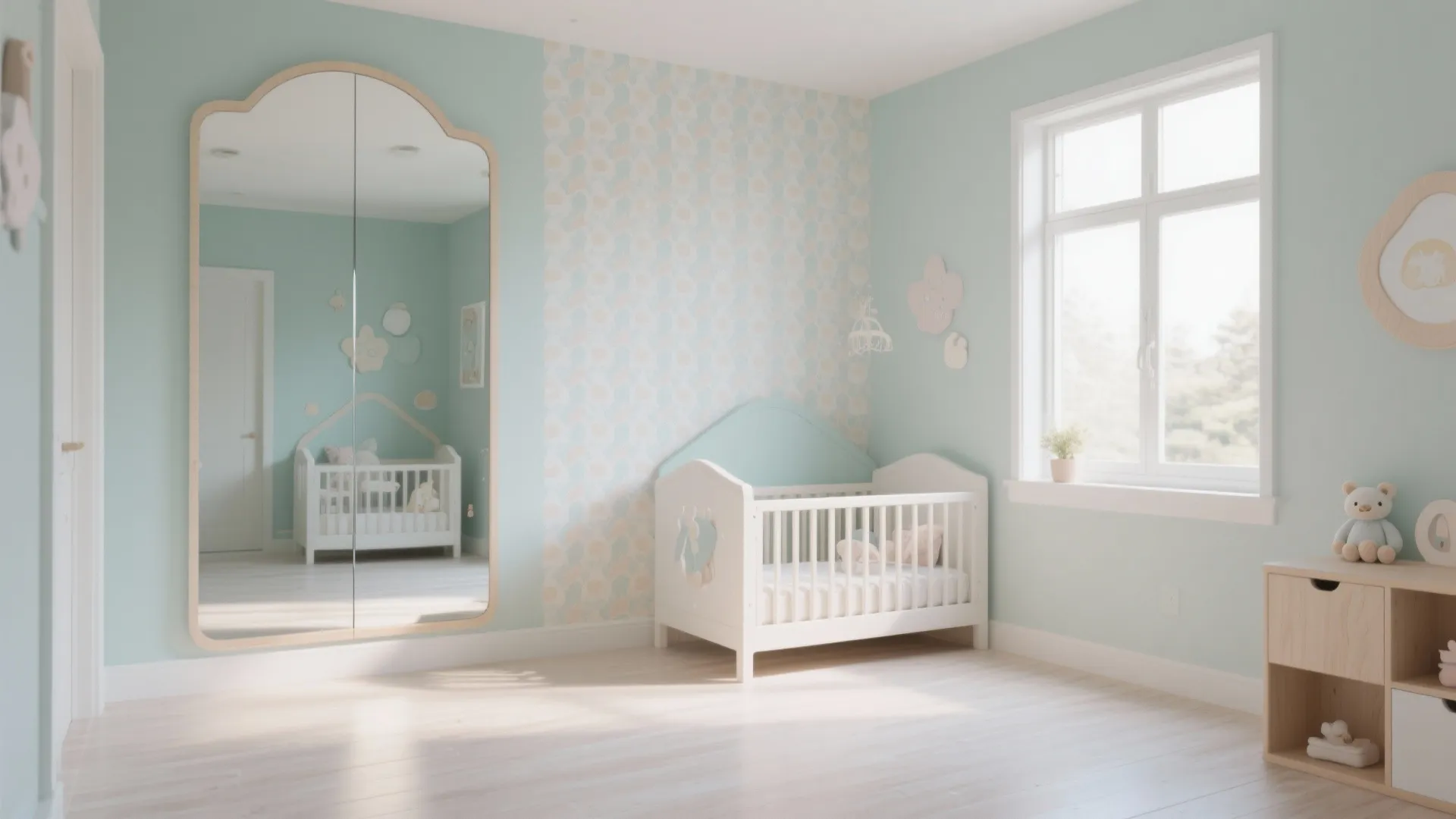 Bright nursery with a large mirror opposite the window, consistent flooring and a subtle accent wall to create depth.