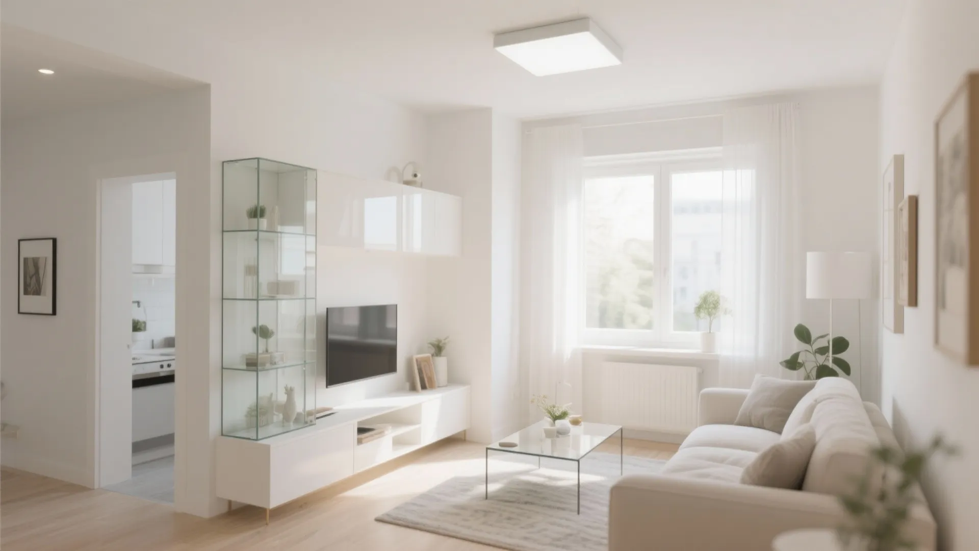 Bright white living room with glass cabinet white sofa and ceiling light in minimalist style