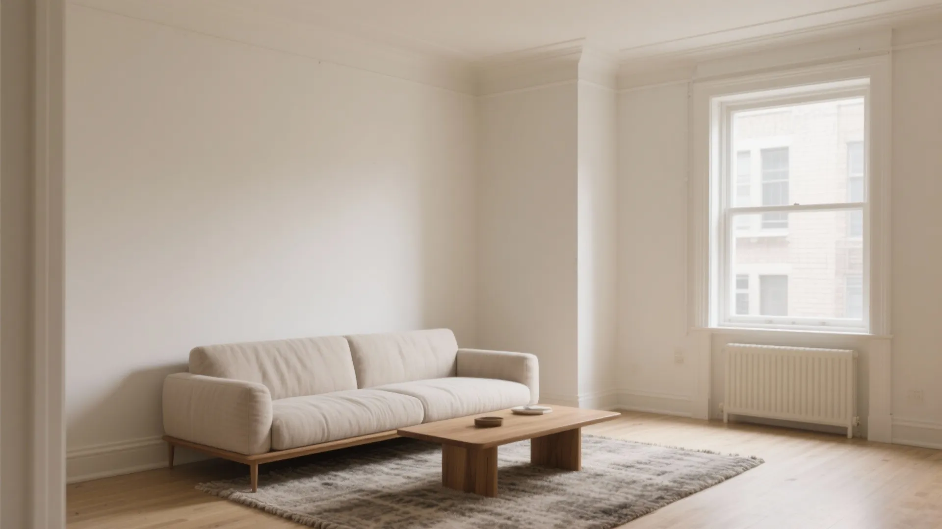 Modern minimalist living room with white walls cream sofa wooden coffee table and natural window light