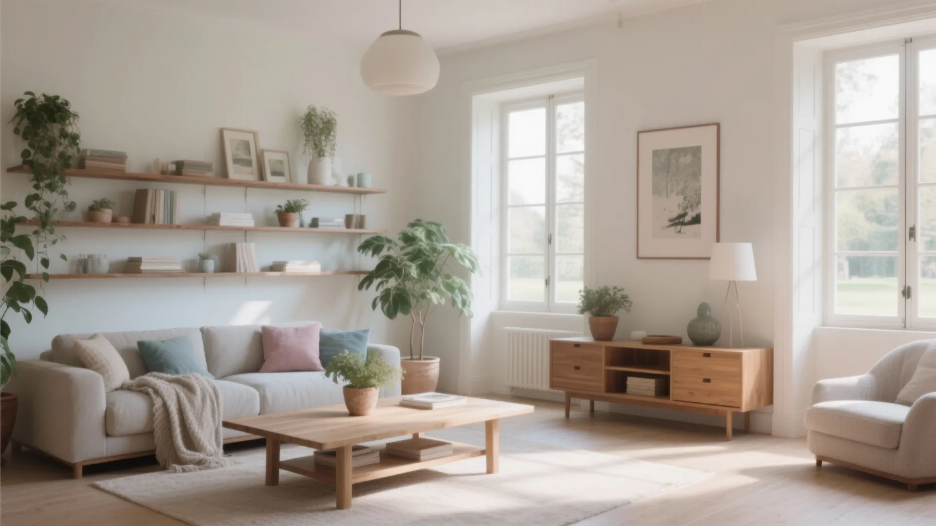 Bright living room with white walls, wooden coffee table, grey sofa, wall shelves, and plants