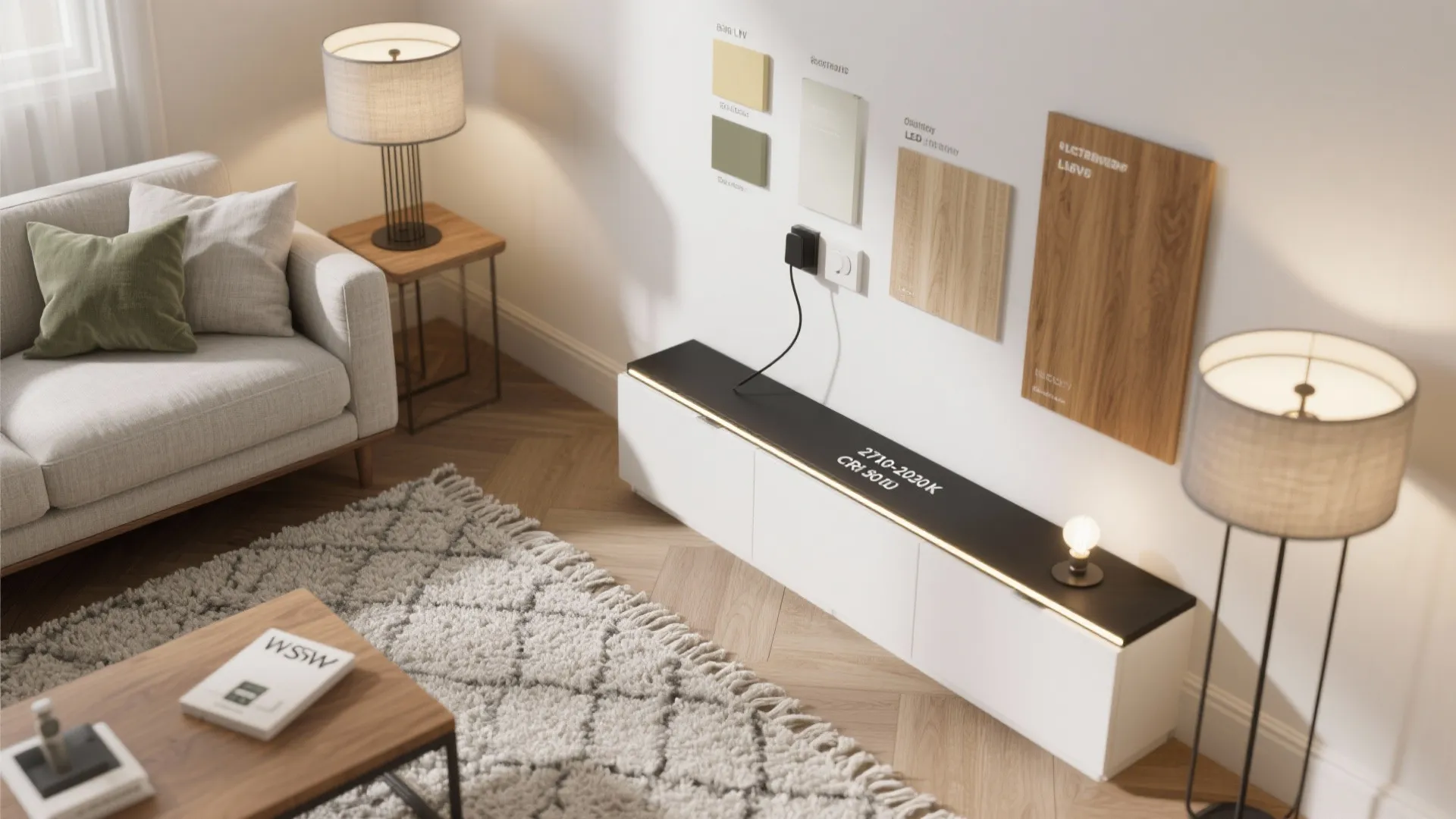 Modern living room area with beige sofa green pillows wooden side table and tall floor lamps