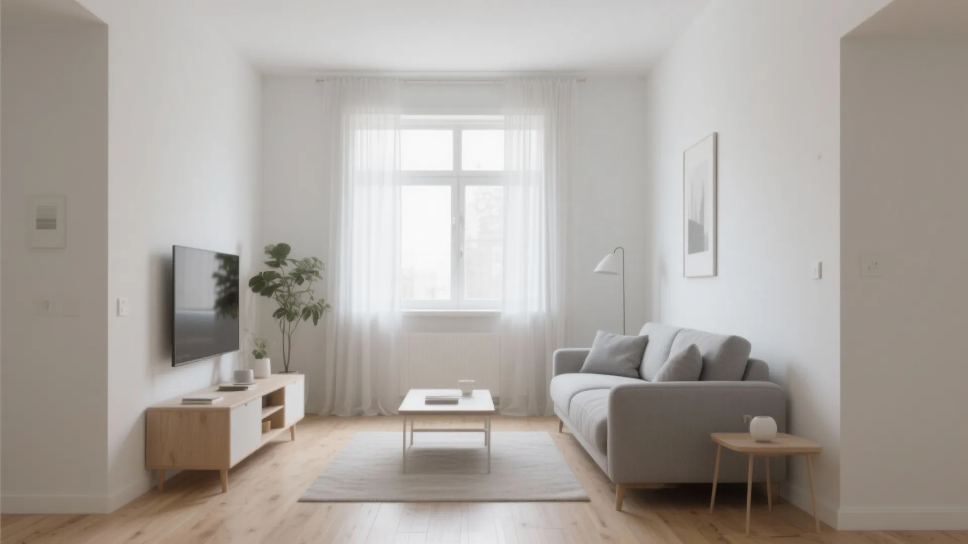 Minimalist living room with grey sofa wooden cabinet white walls bright window and indoor plants