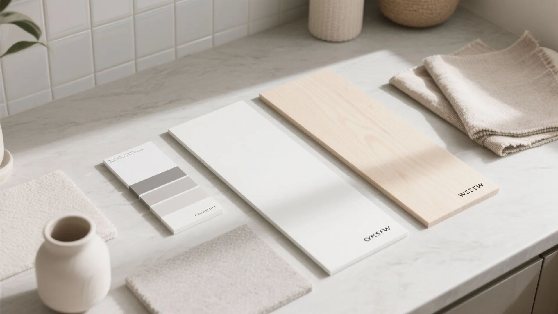 Flatlay of white, pale wood, and soft grey materials