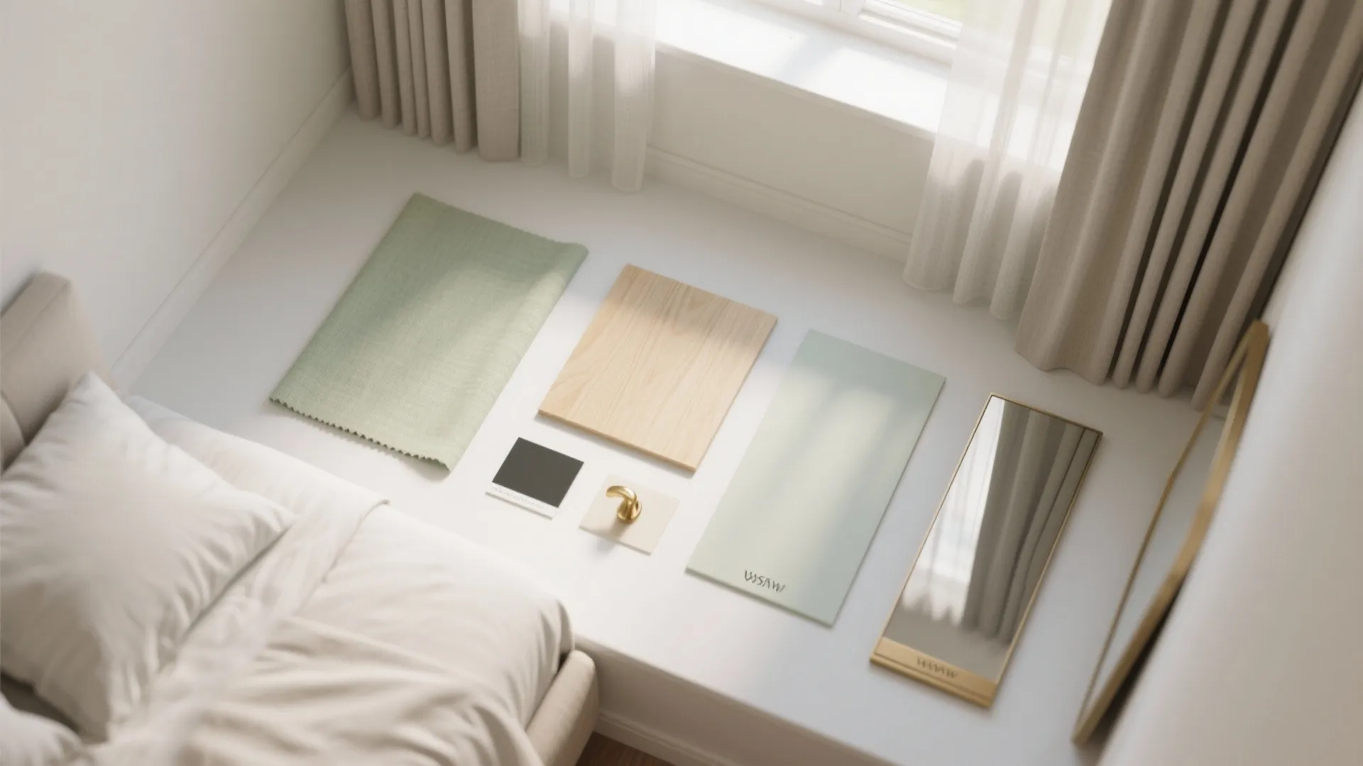 Interior design material board on white floor with green fabric, wood panel, mirror, and curtains