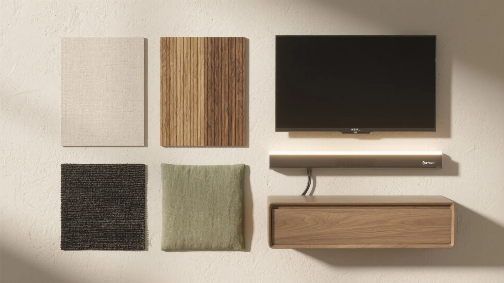 Interior design mood board with material samples, wood wall panel, television, light fixture, and cabinet