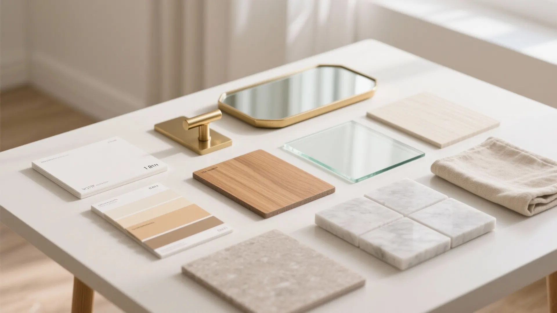 5) Light palette, mirrors, and warm wood accents