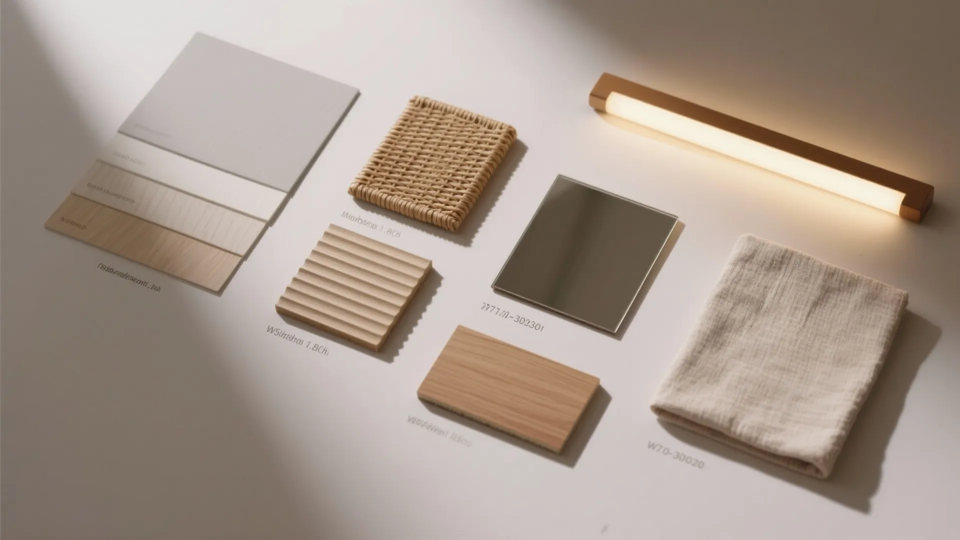 Interior design material board with wood samples fabric woven texture wall light and neutral color tiles