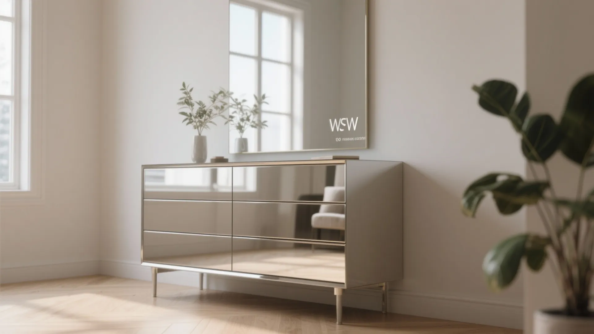 Modern cabinet with mirror showing small green plant next to window with natural bright sunlight
