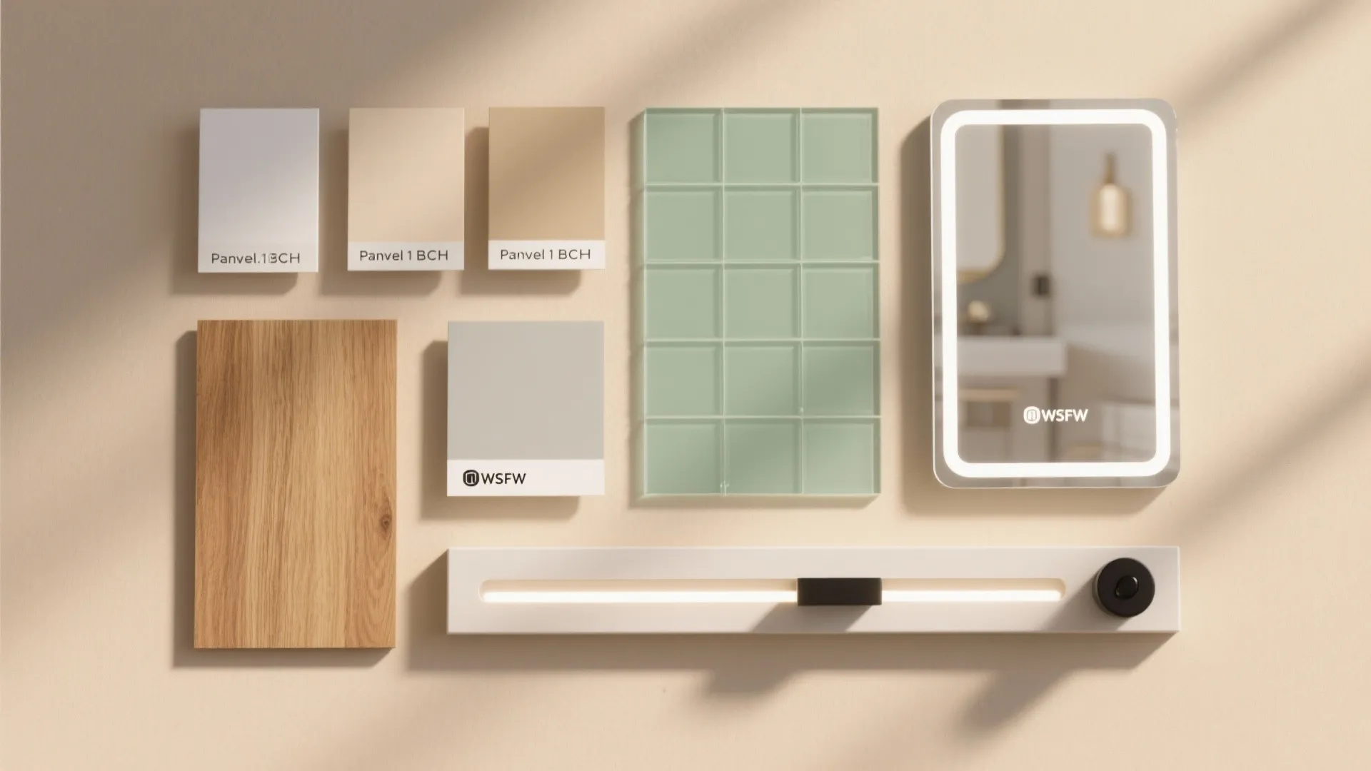 Light palette, mirrors, and a glass backsplash