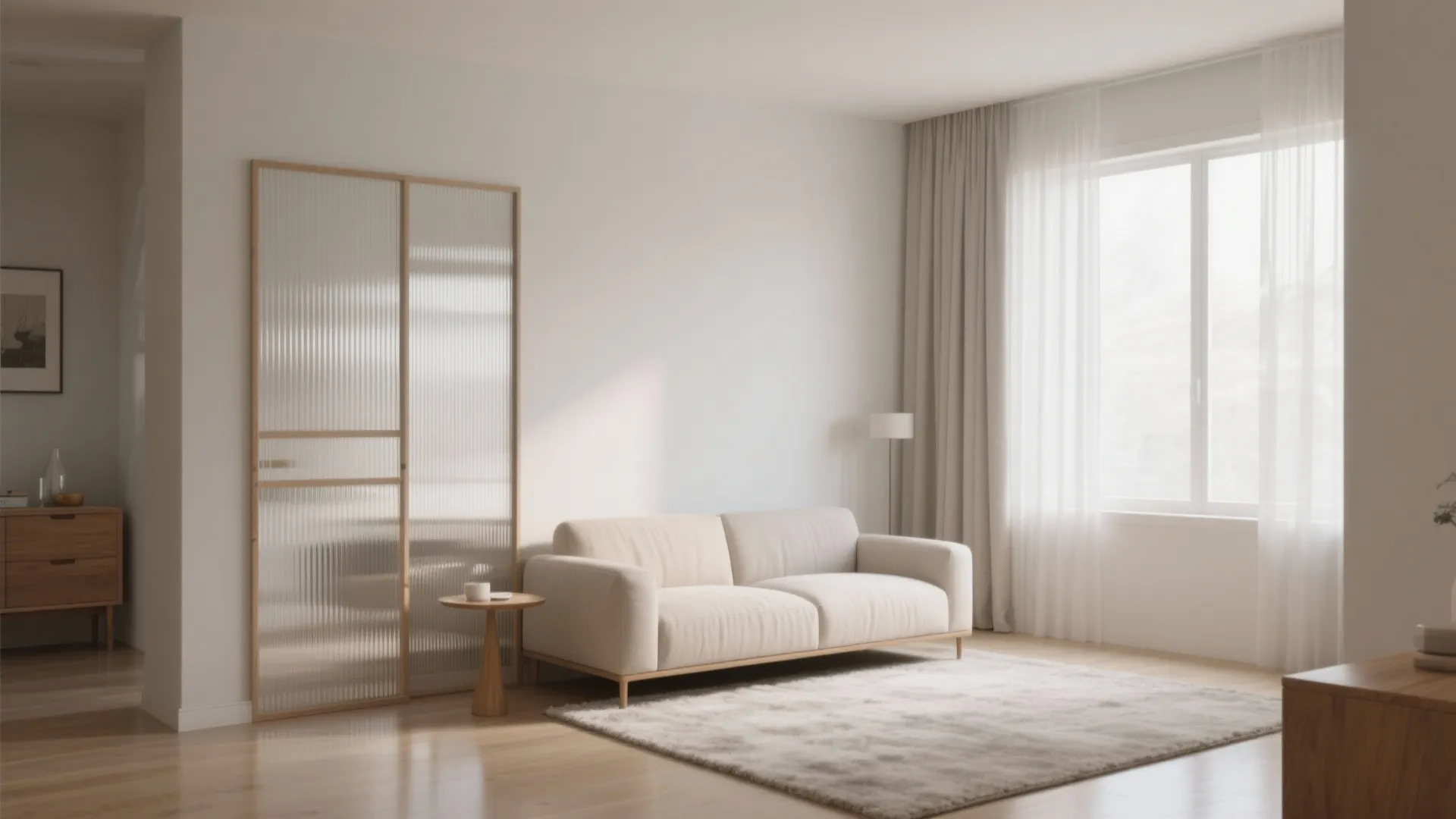 Modern bright living room featuring a cream sofa glass wall panel wooden floor and white curtain