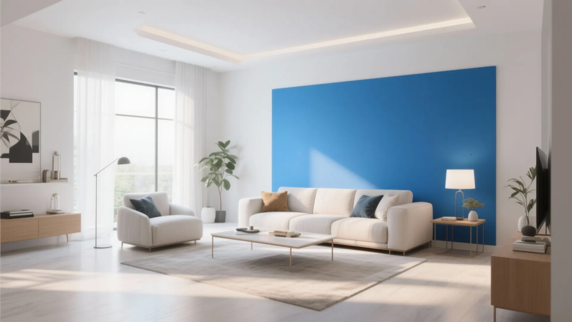 Bright living room design featuring large blue wall, white sofa, coffee table, and warm natural light