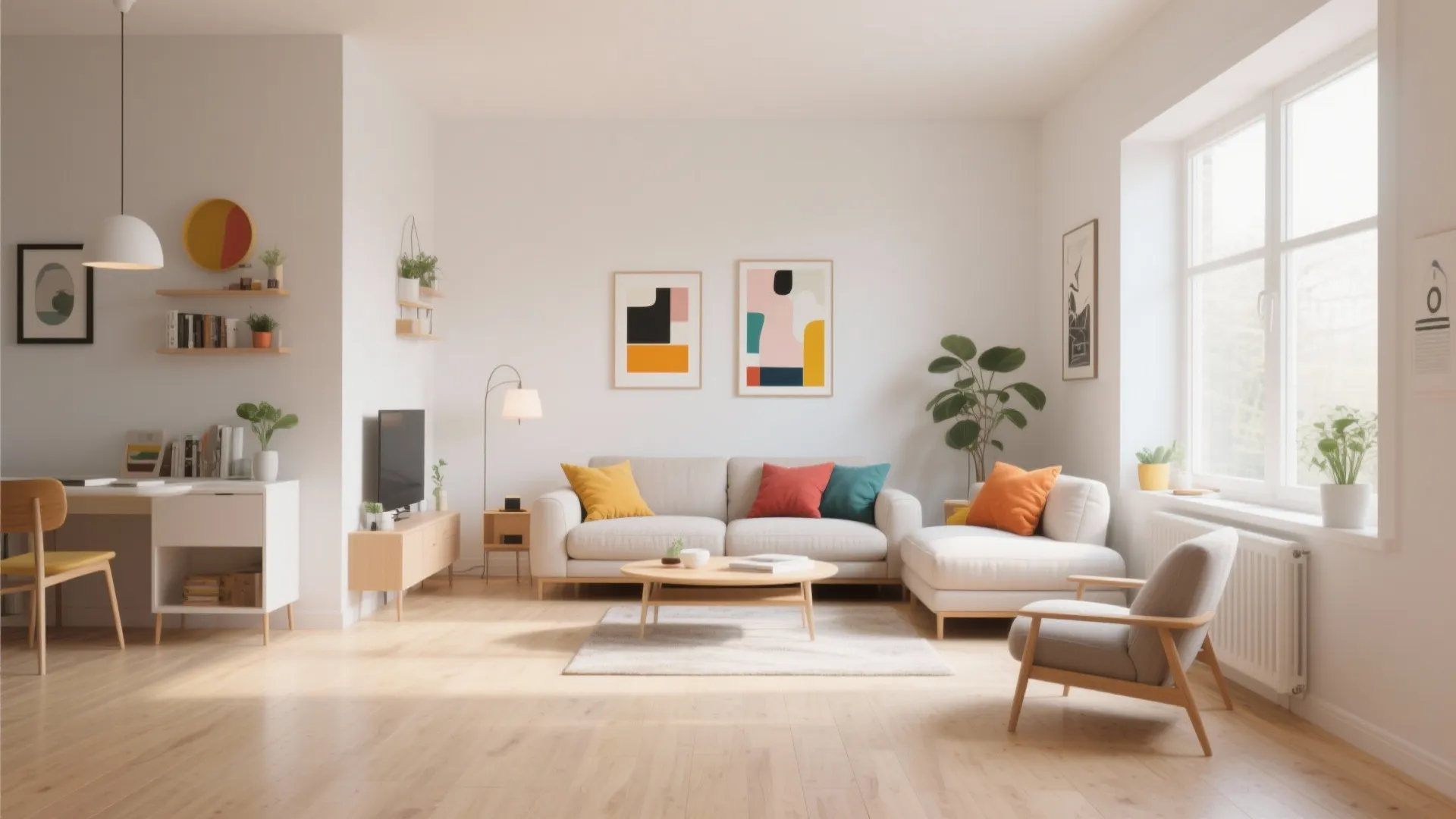 Bright minimalist living room featuring white sofa colorful pillows wooden coffee table and indoor green plants