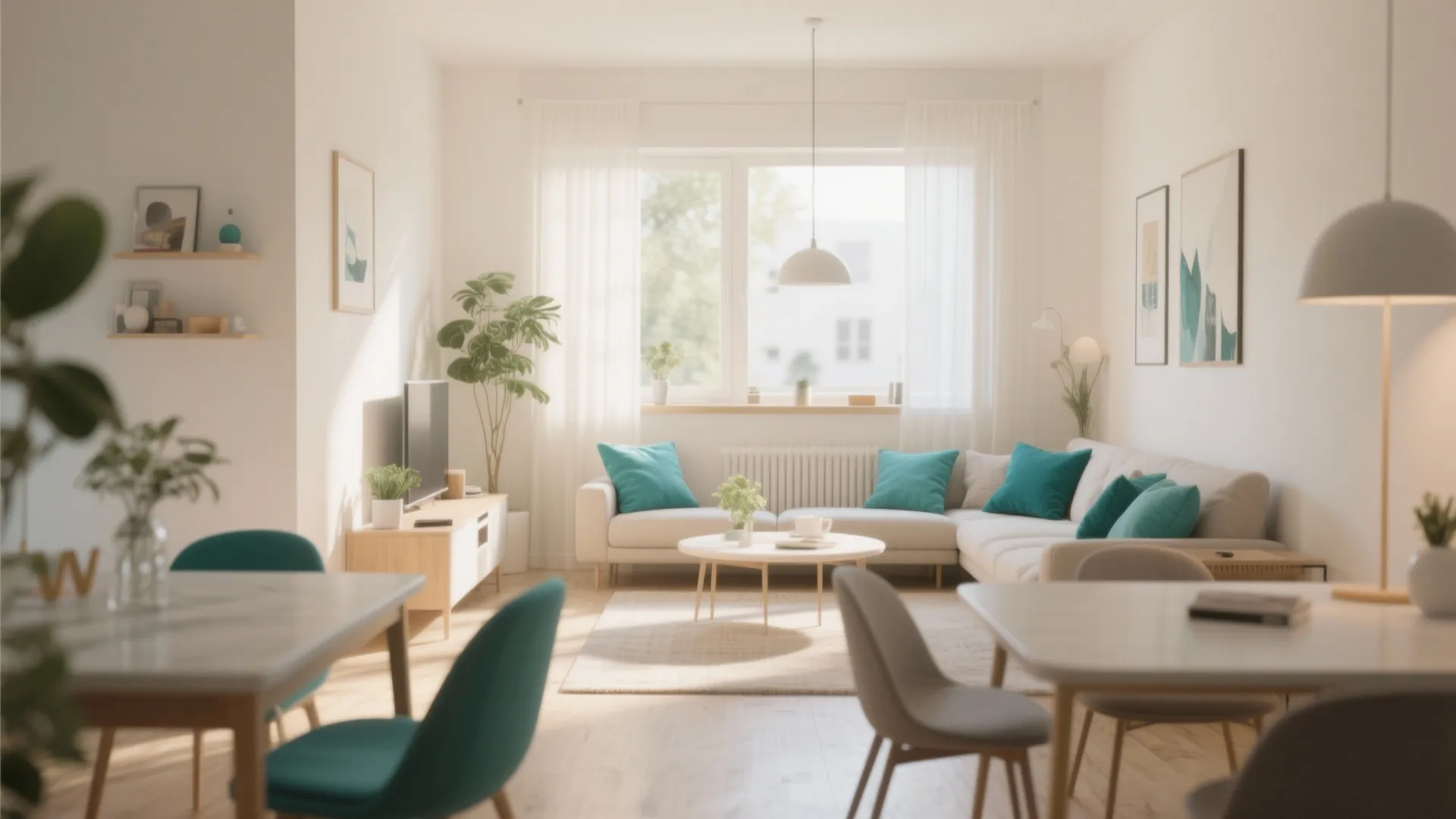 Bright minimalist living room with white sofa teal pillows white coffee table and sunny window
