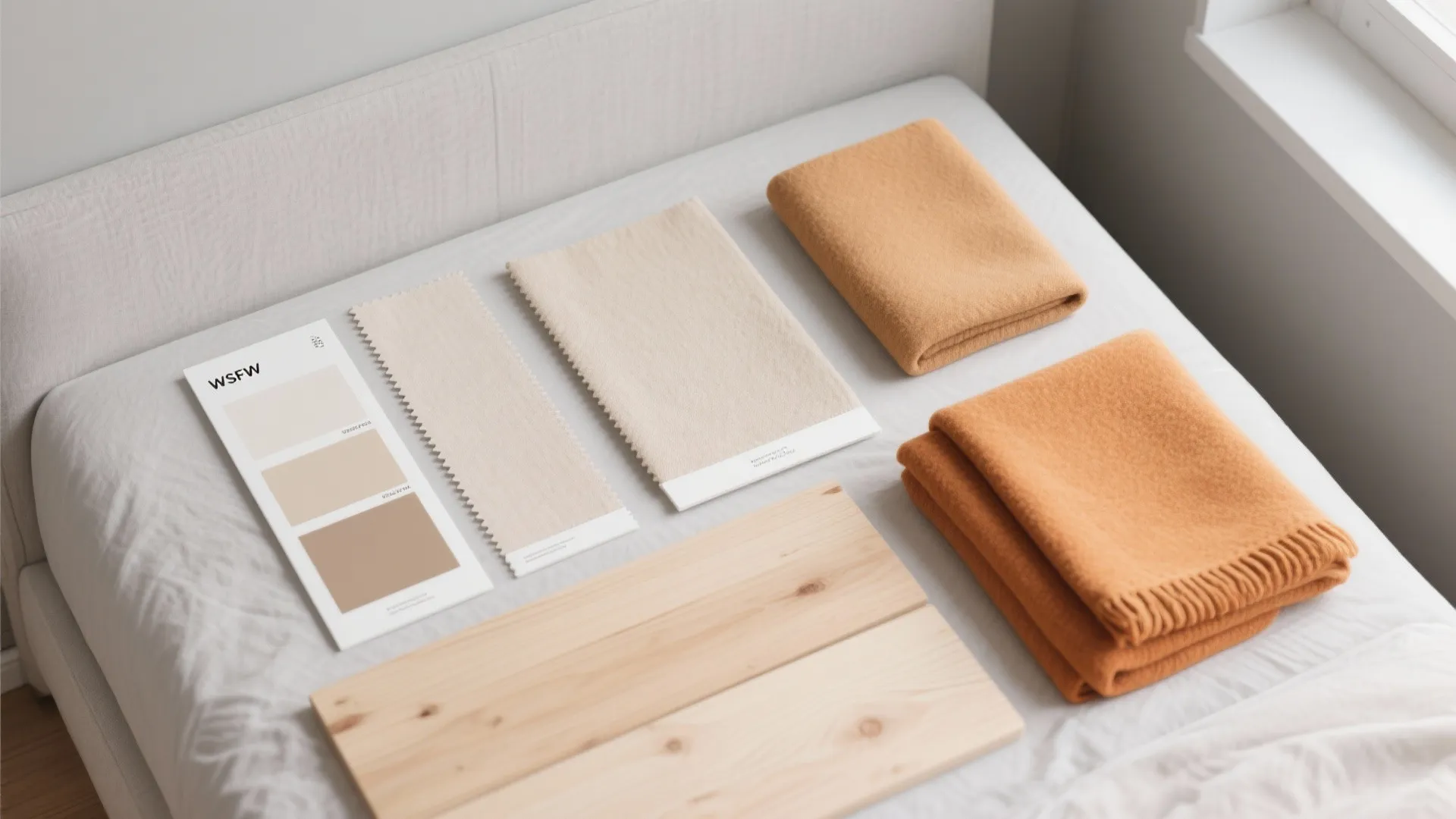Material board with fabric samples orange blankets wood planks and a color palette on white bed