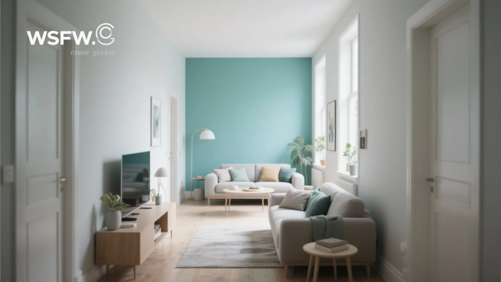 Modern living room layout showing a teal accent wall with two sofas and wooden cabinet