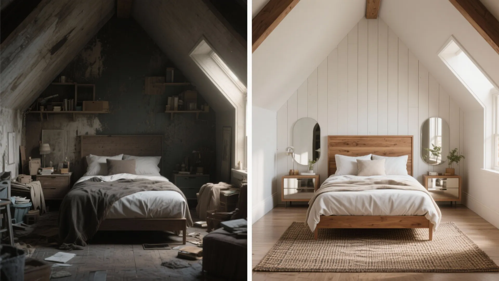 Before and after comparison showing a messy dark attic transformed into a clean modern white bedroom