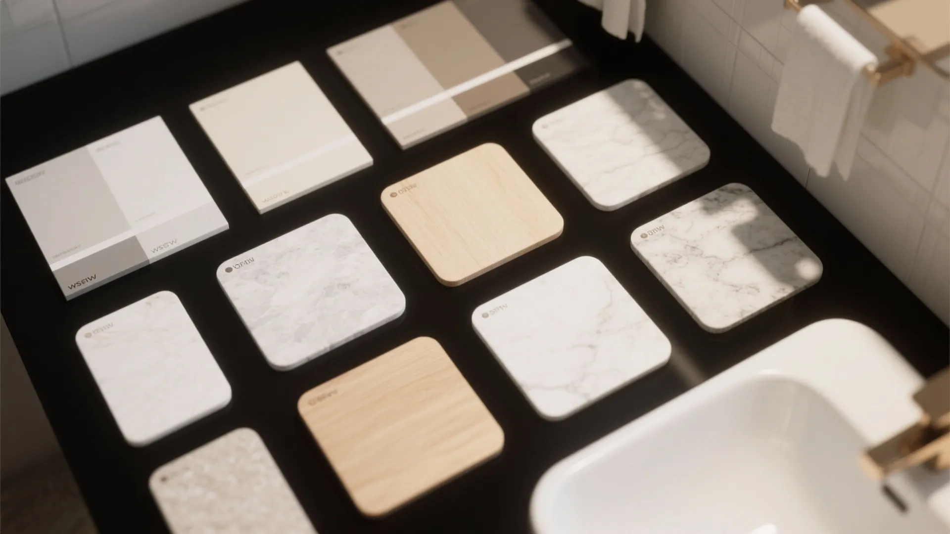 Interior design material samples including marble wood and stone tiles placed on a dark counter