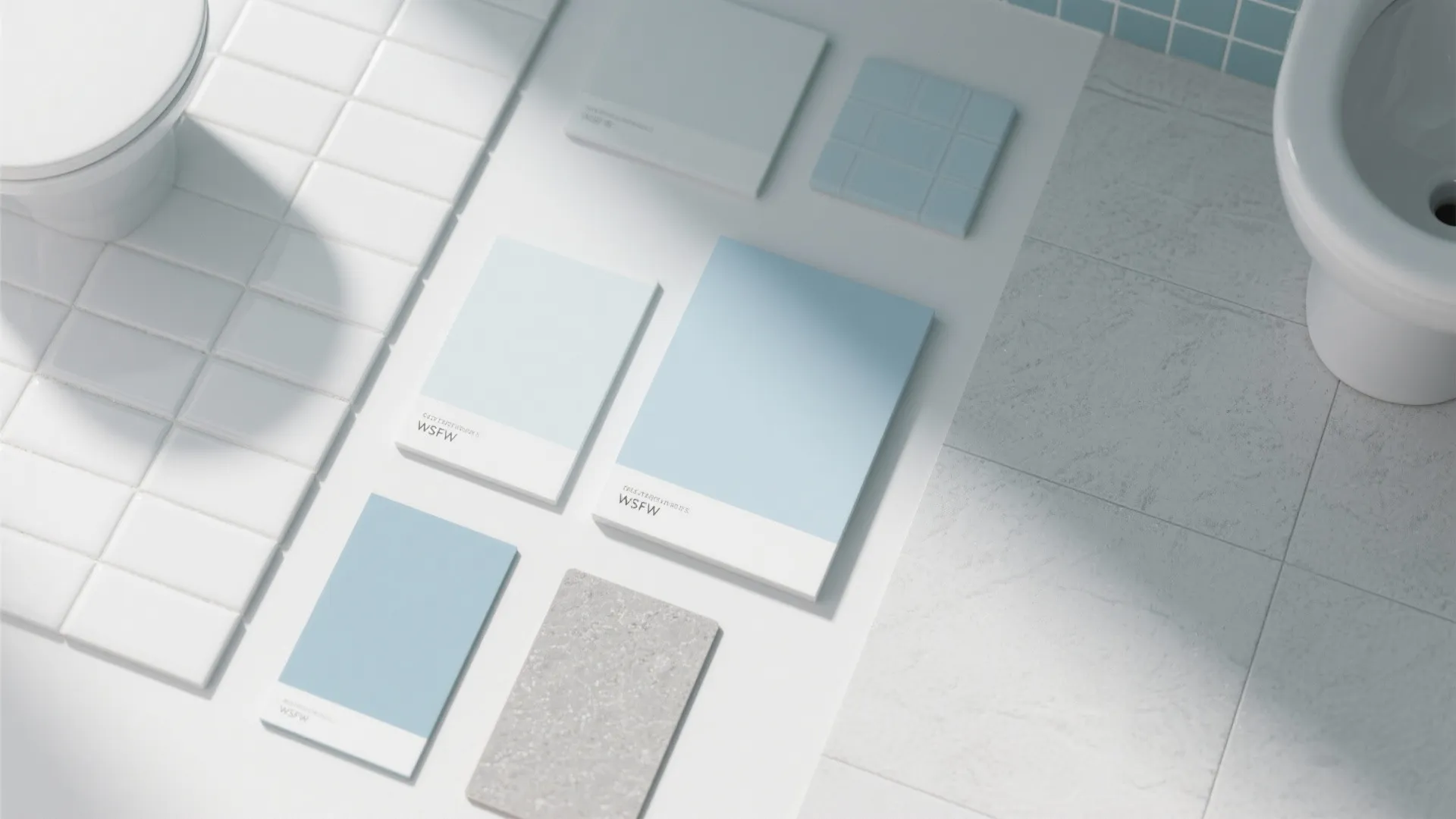 Light bathroom materials in white, gray, and pale blue