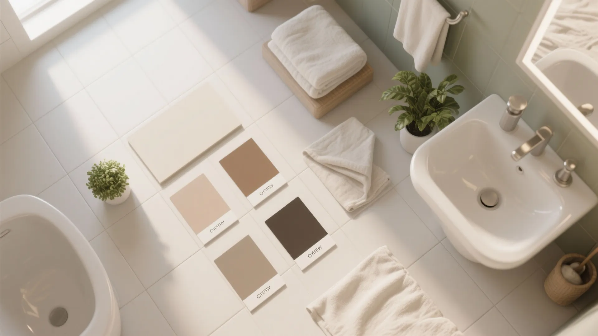 Modern bathroom top view with beige color swatches white towels green plants and white sink