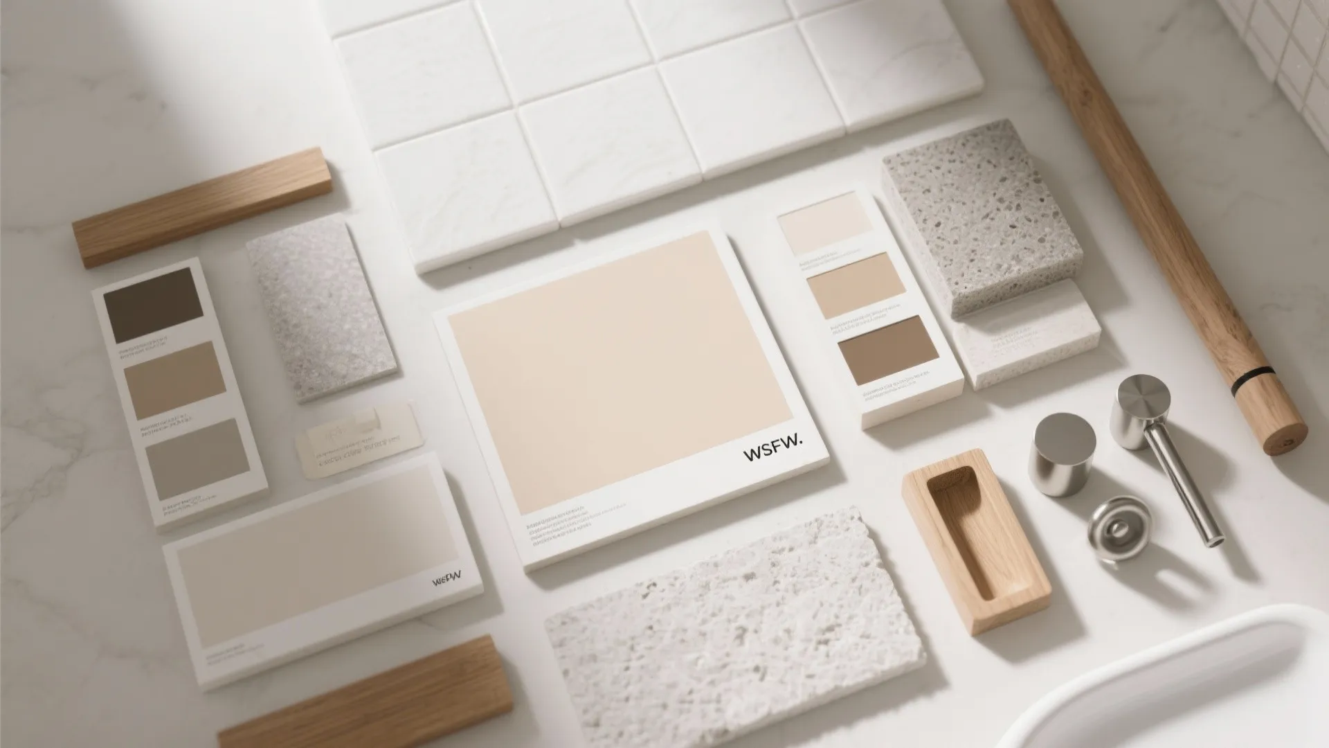 Bathroom interior design materials including white tiles stone samples wood blocks and beige color palette cards