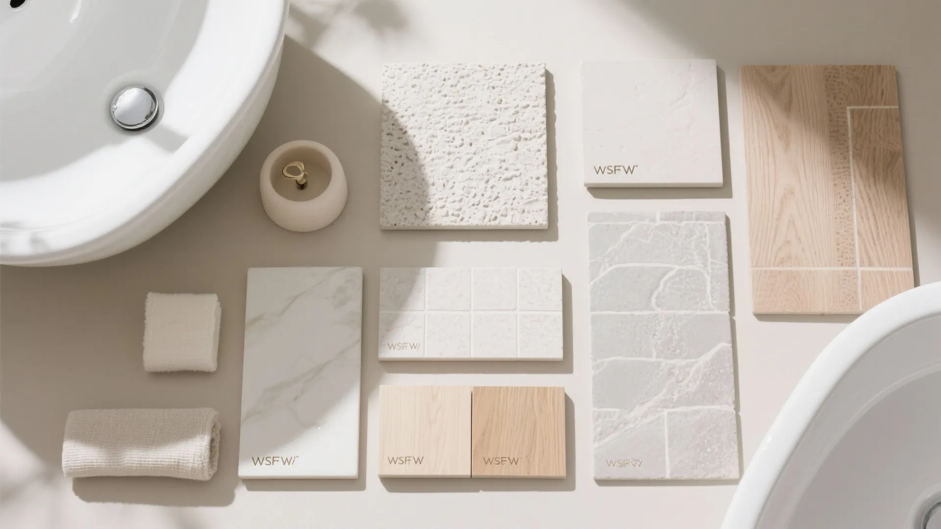 Material board with marble tiles wood samples stone patterns and two white sinks in corners