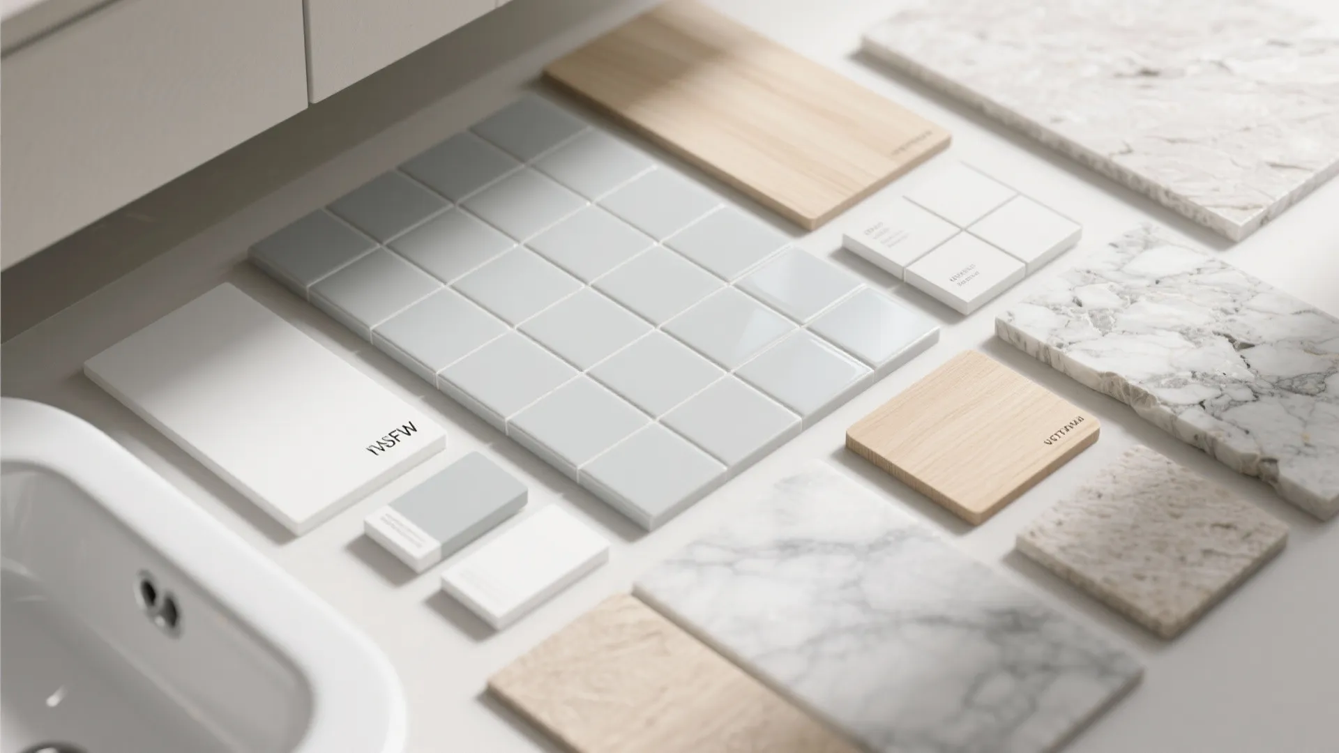 Interior design materials including white tiles, marble samples, and wooden boards on a clean surface