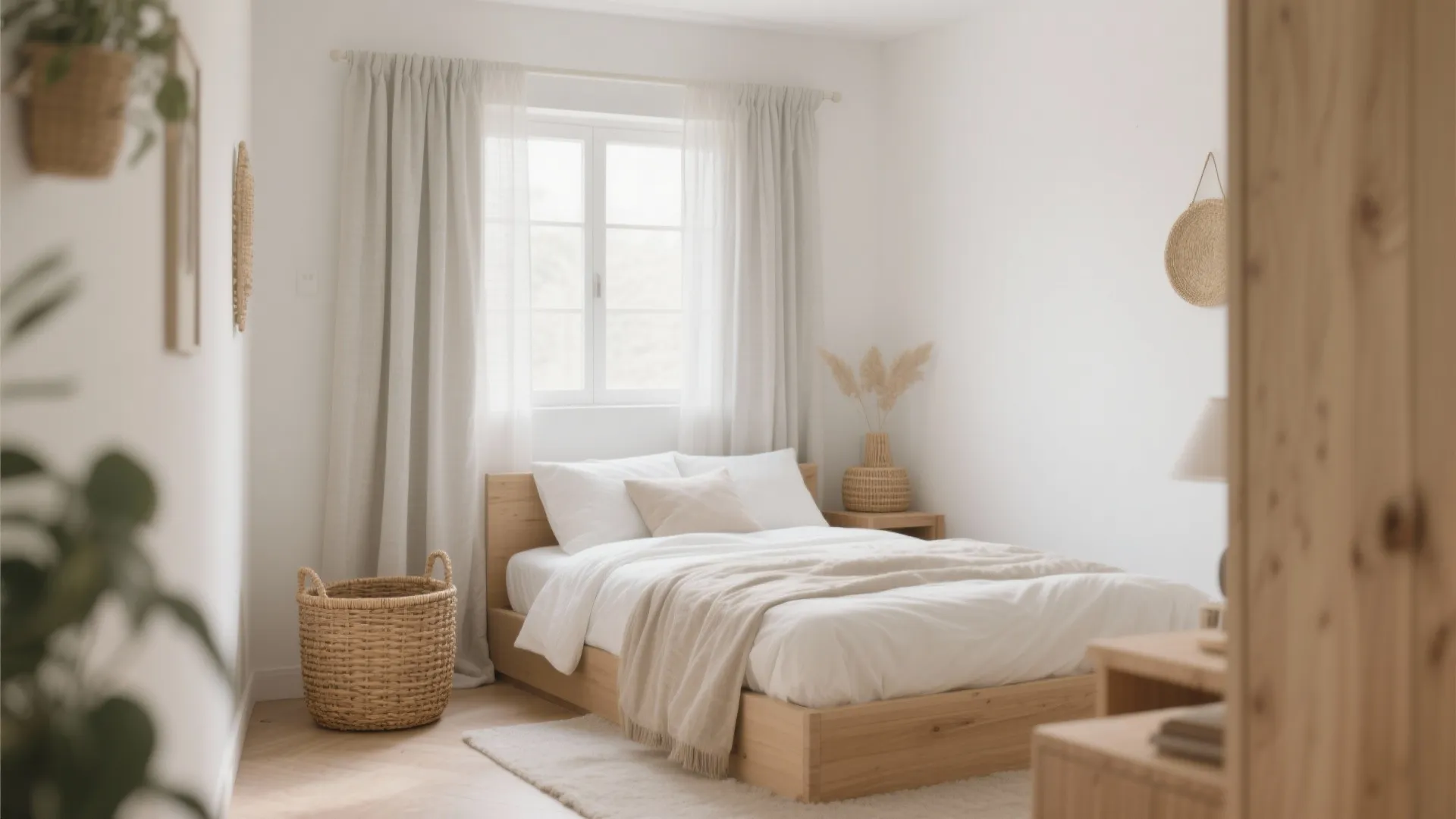 Bright wooden bedroom with white bedding light grey curtains woven baskets and warm natural light