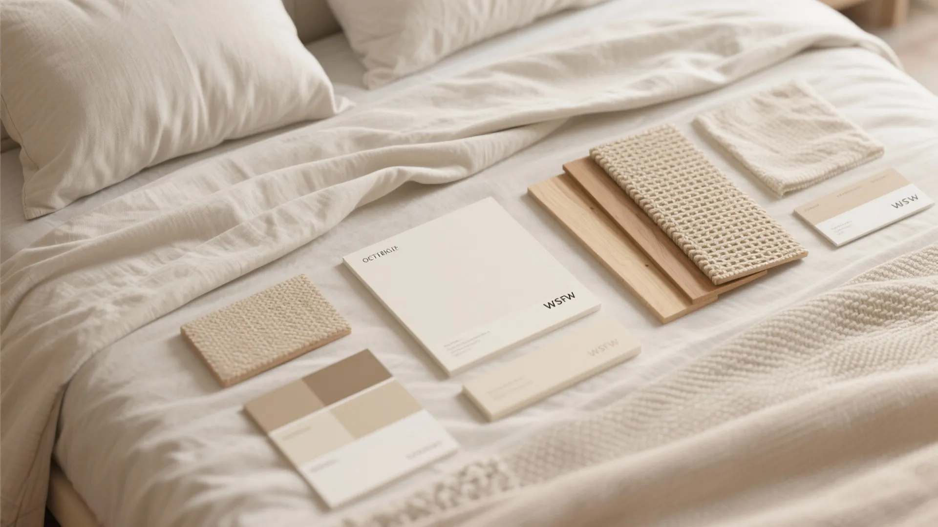 Various material samples including wood boards and fabric swatches placed on a white rumpled bed