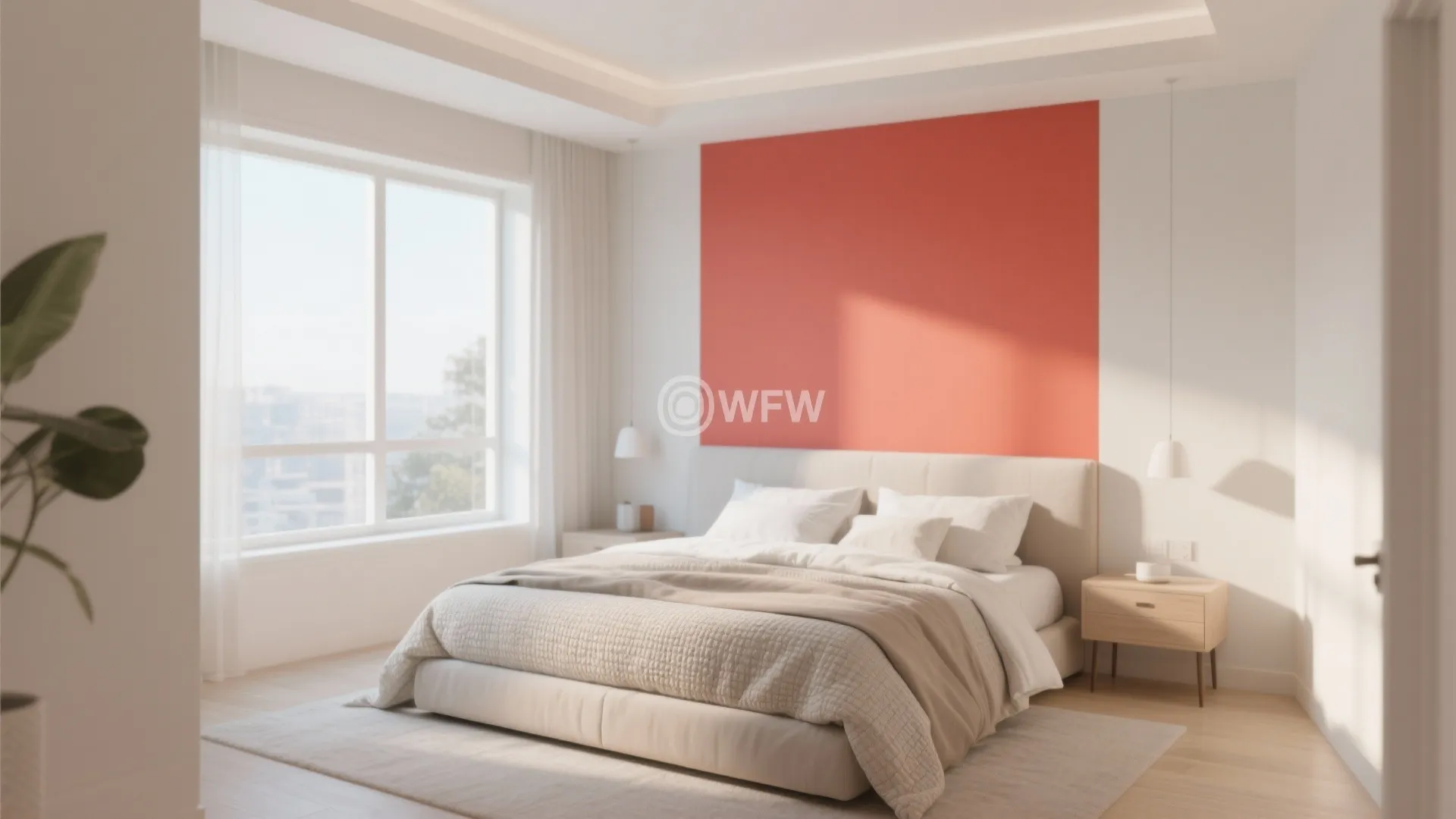 Bright bedroom with beige bed large window and orange rectangle feature painted on white wall