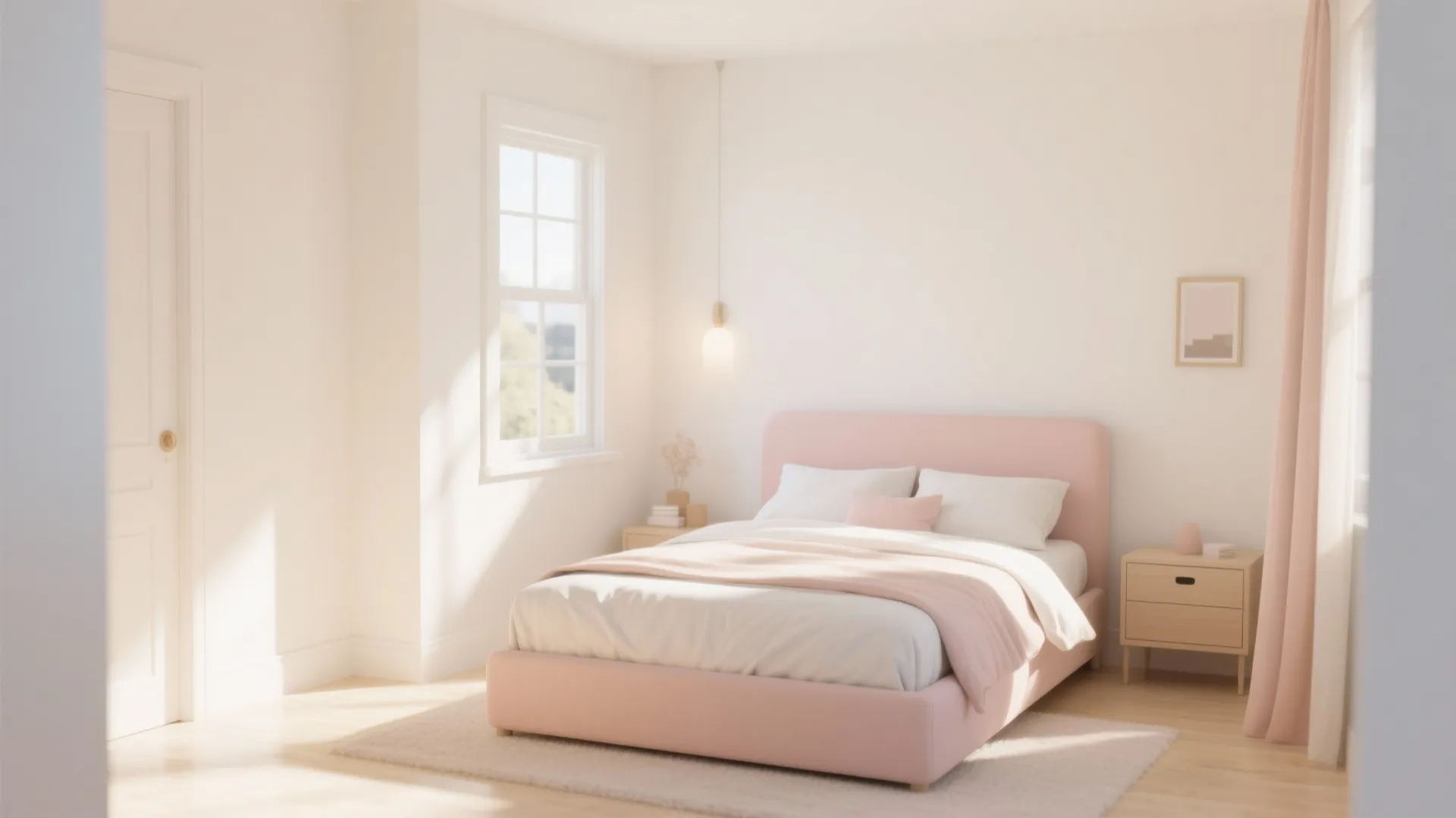 Bright minimalist bedroom with pink bed white walls wood floor bedside table and soft natural light