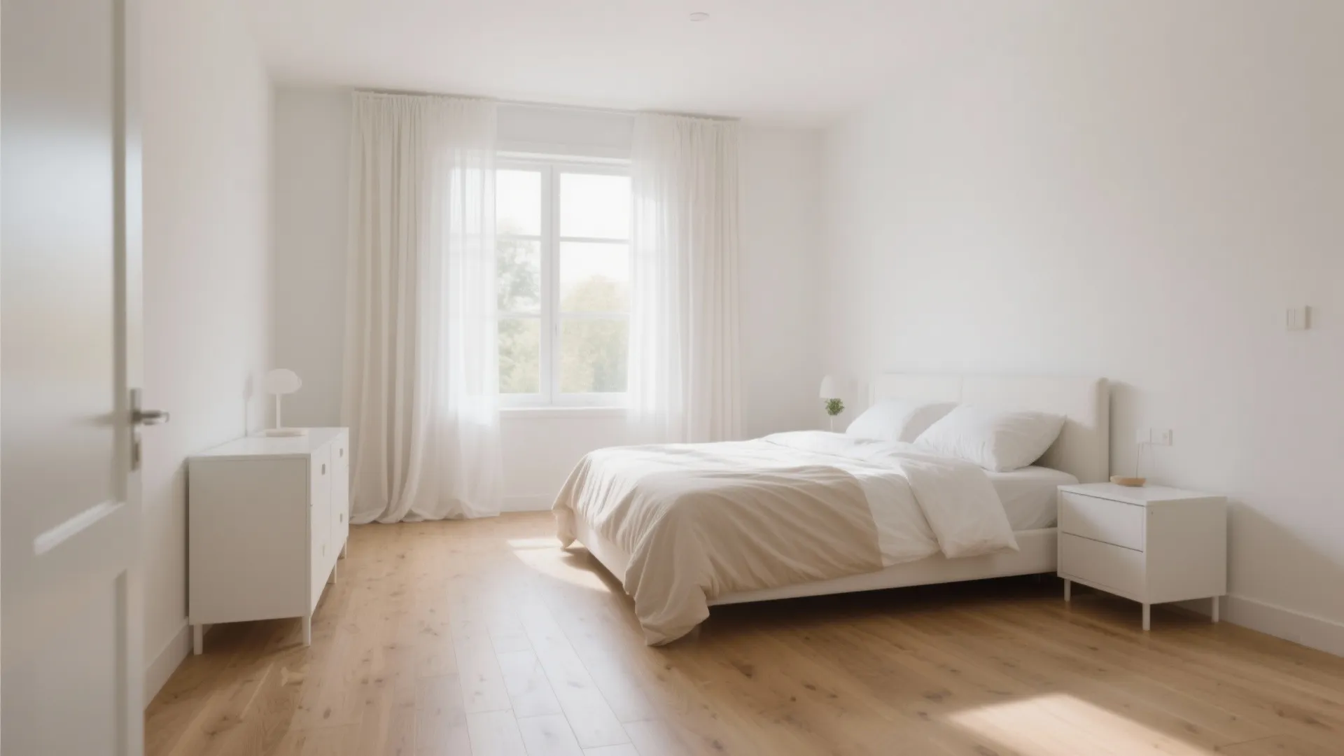 Small bedroom with white and light wood furniture creating an airy feel