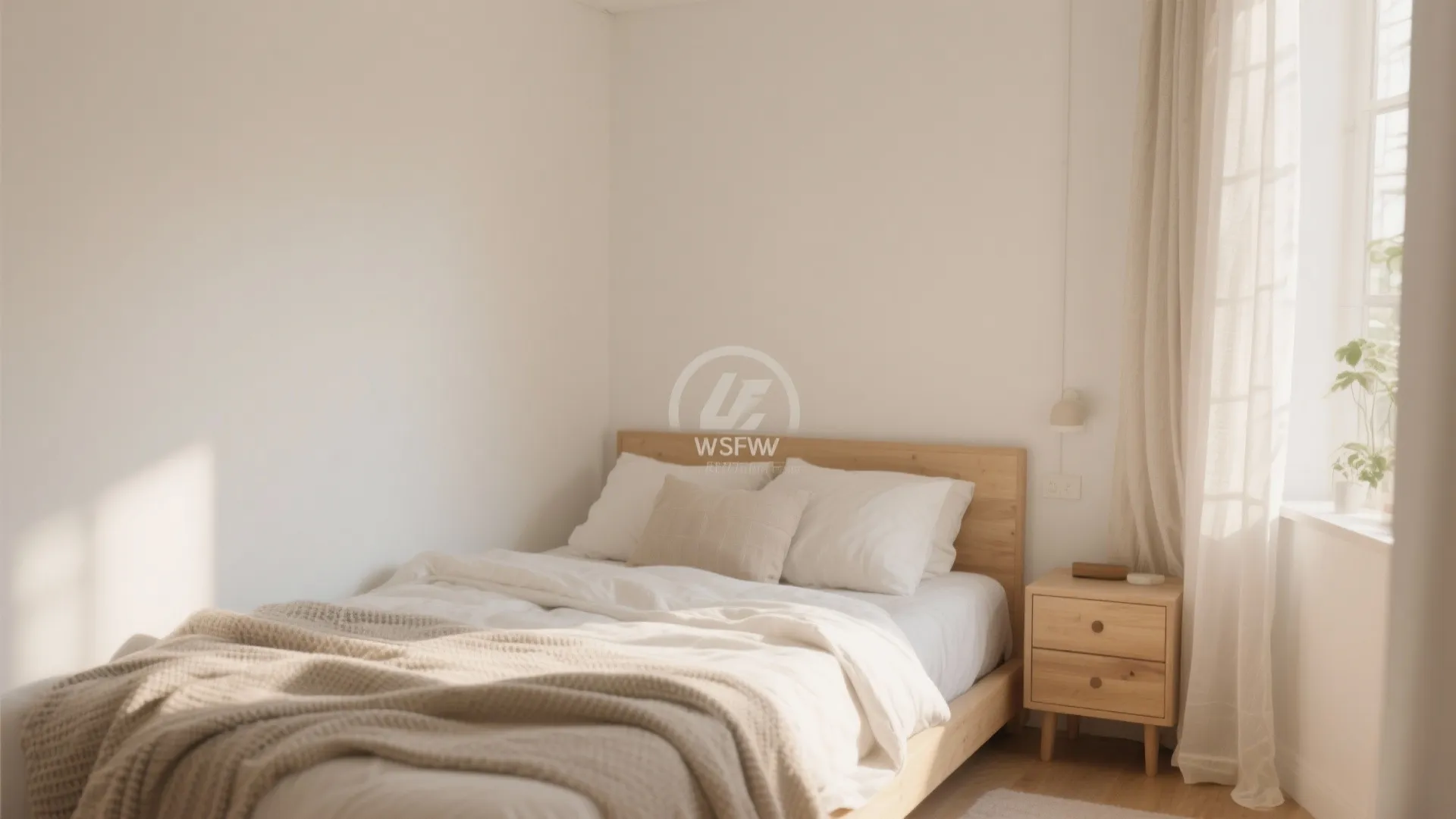 Bright minimalist bedroom with wooden bed frame white walls light curtains and a small cabinet
